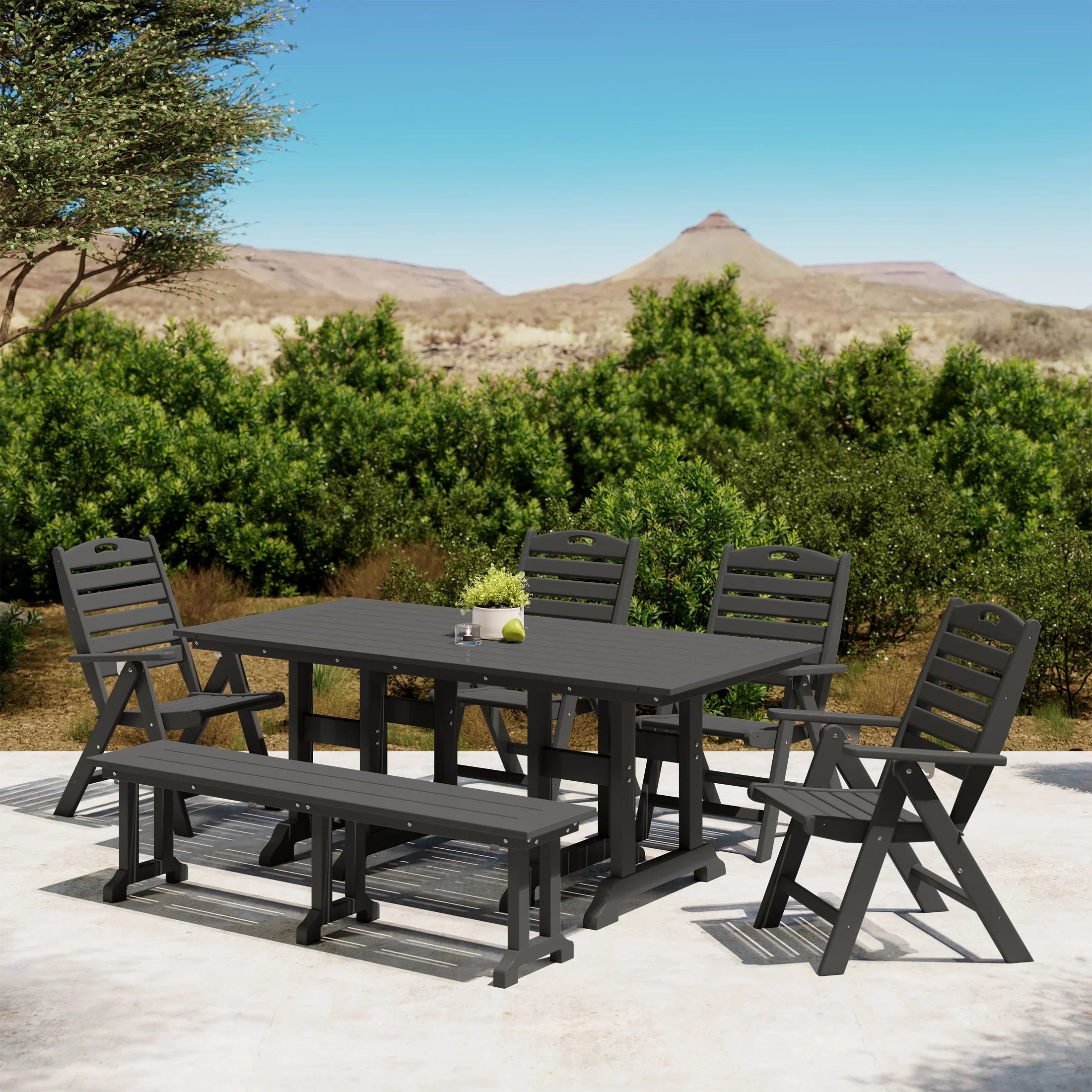 Paradise 6-Piece HDPE Rectangular Patio Dining Table Set with Foldable Chairs and Patio Bench
