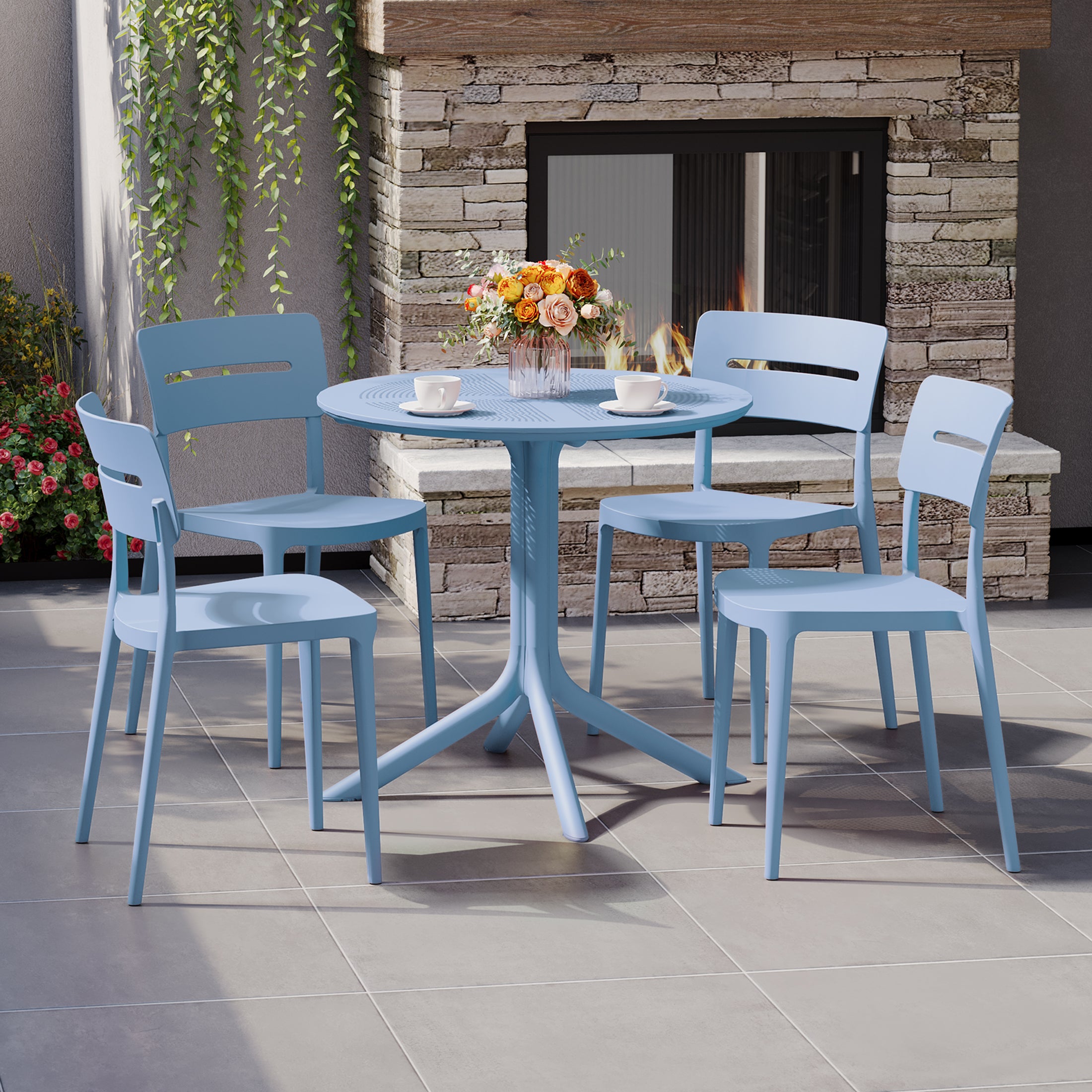 Sunshine Modern 5-Piece Resin Round Patio Dining Table Set with Stackable Patio Dining Chairs