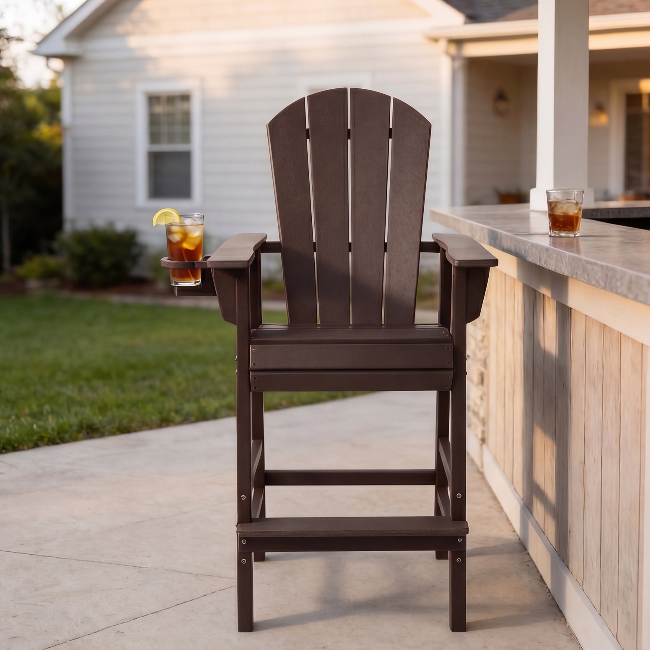 Paradise Outdoor HDPE Tall Adirondack Bar Height Chair With Cup Holder