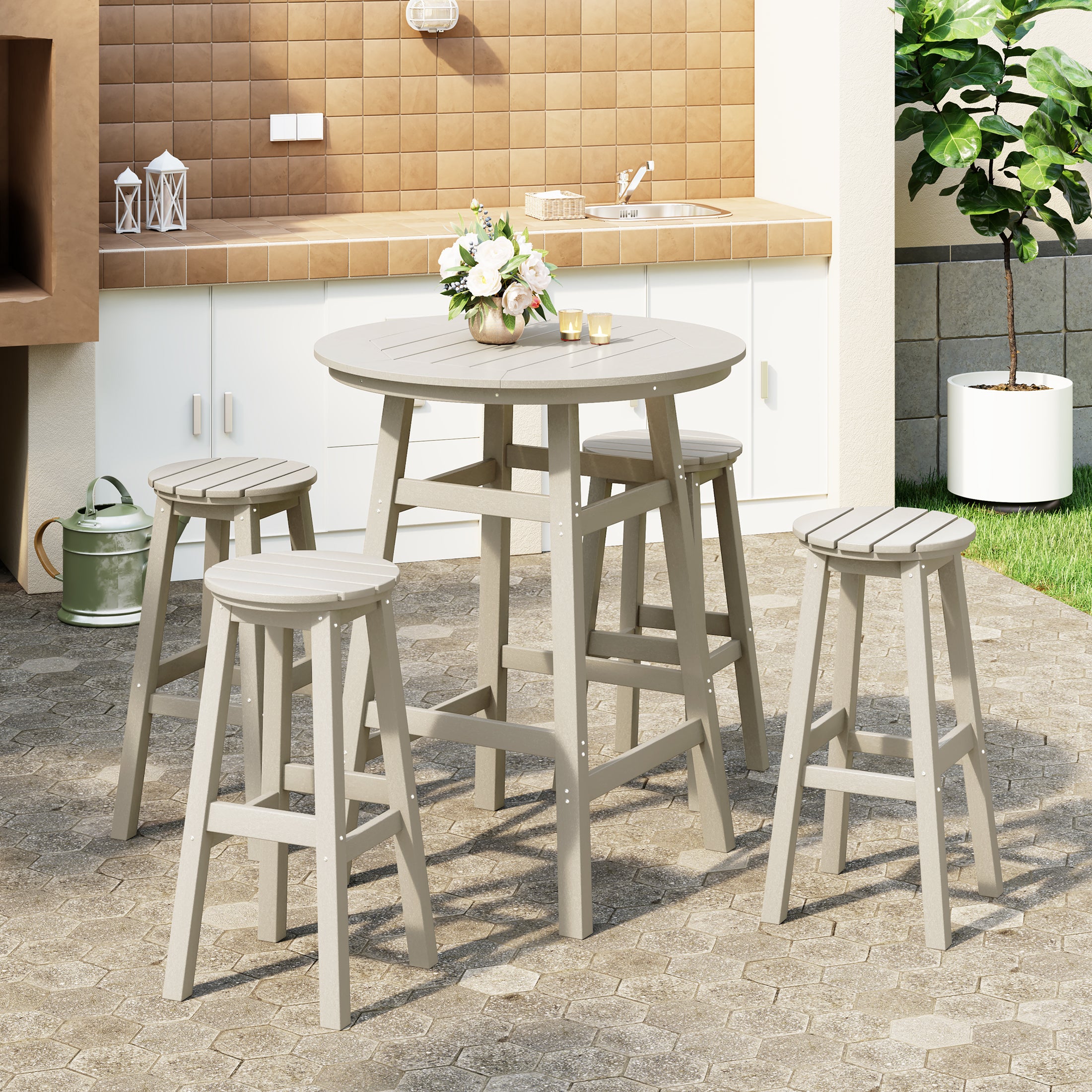 Paradise 5-Piece HDPE Outdoor Patio Dining Bar Bistro Table Set with Bar Stools