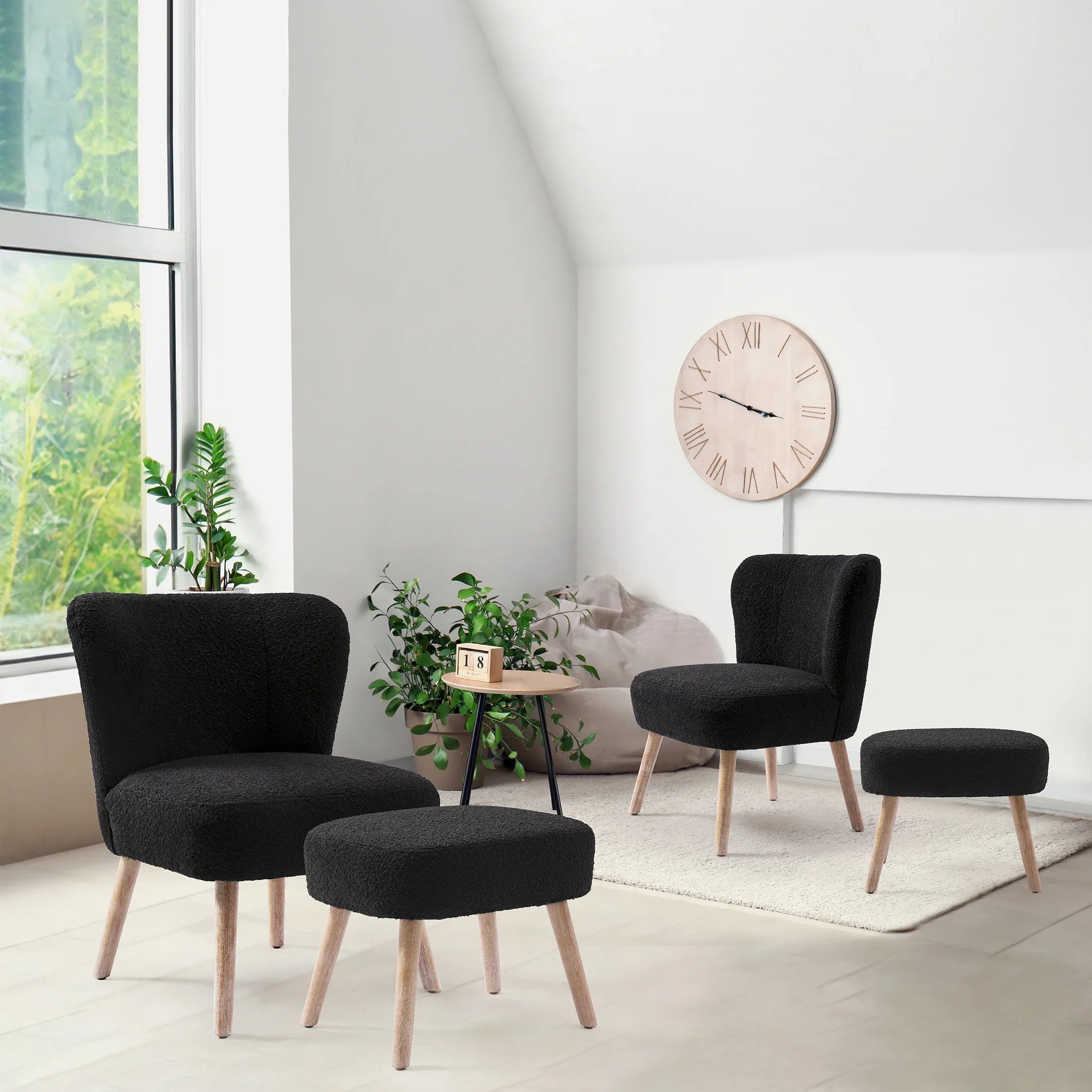 Amélie 4-Piece Set Mid-Century Boucle Accent Chairs with Ottoman Foot Stools