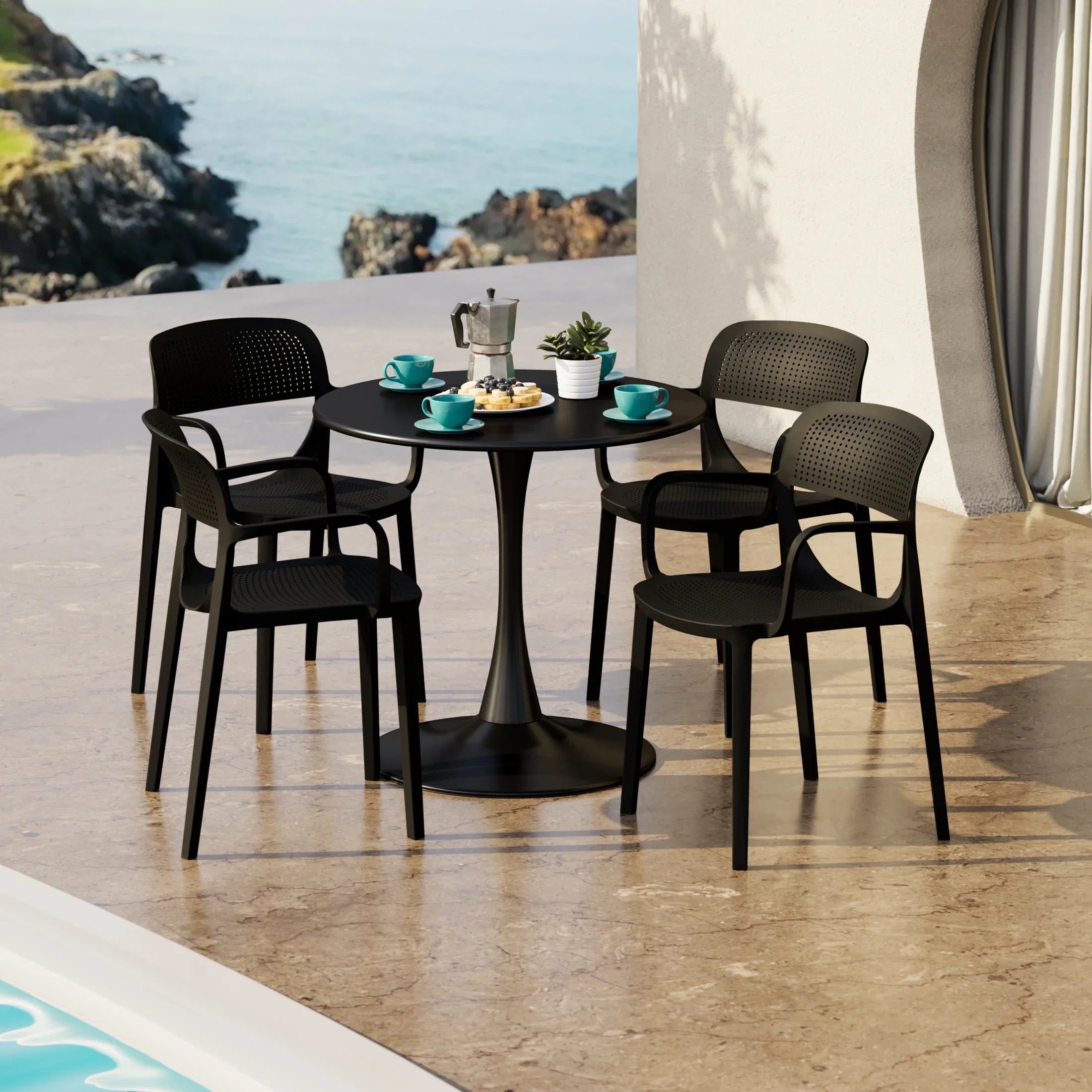 Sunshine 5-Piece Round Metal Bistro Dining Table Set And Stackable Resin Patio Dining Side Chairs