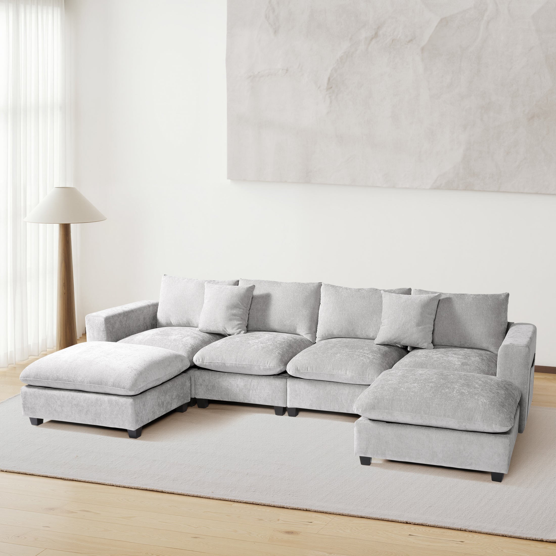 Springfield 128" Chenille Modular U-Shaped Sectional Couch and Chaise With USB/Type-C Ports and Side Pockets