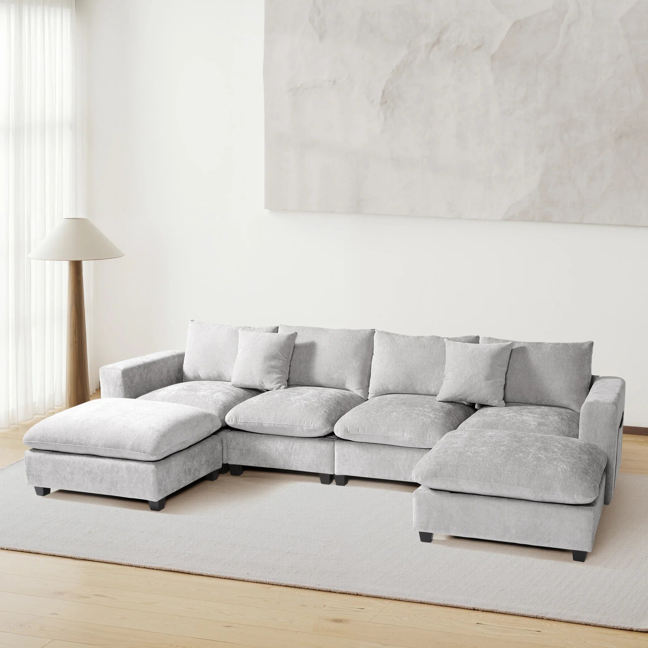 Springfield 128" Chenille Modular U-Shaped Sectional Couch and Chaise With USB/Type-C Ports and Side Pockets