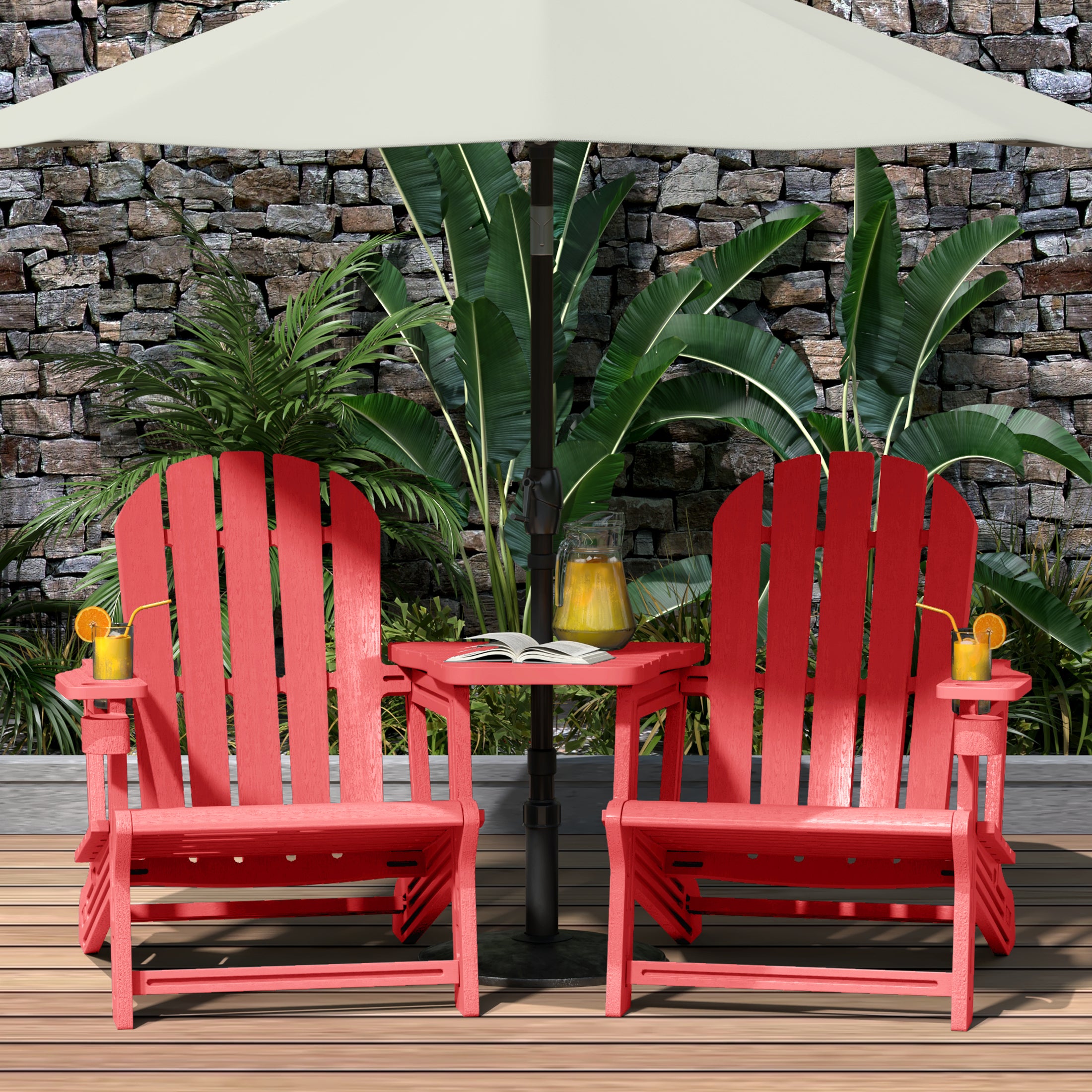 Cayman Outdoor HDPE Adirondack Chairs With Connecting Table Tray (Set of 2)
