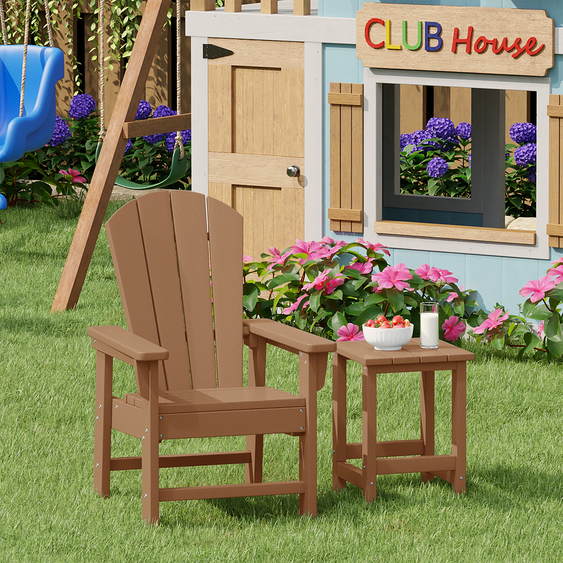 Paradise 2-Piece Kids Outdoor HDPE Adirondack Chair With Square Side Table Set