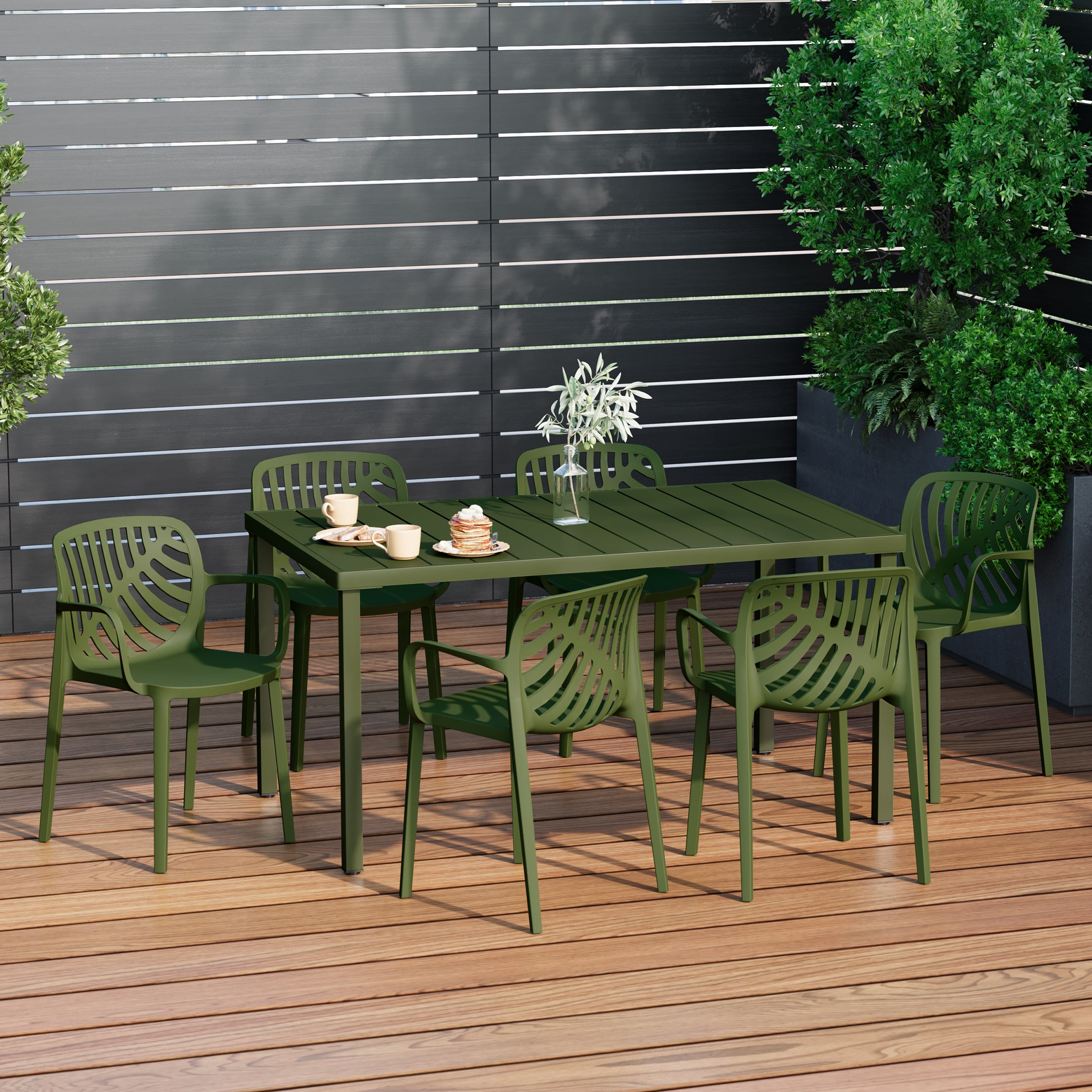 Sunshine 7-Piece Outdoor Metal Rectangle Patio Dining Table Set With Stackable Resin Patio Dining Chairs