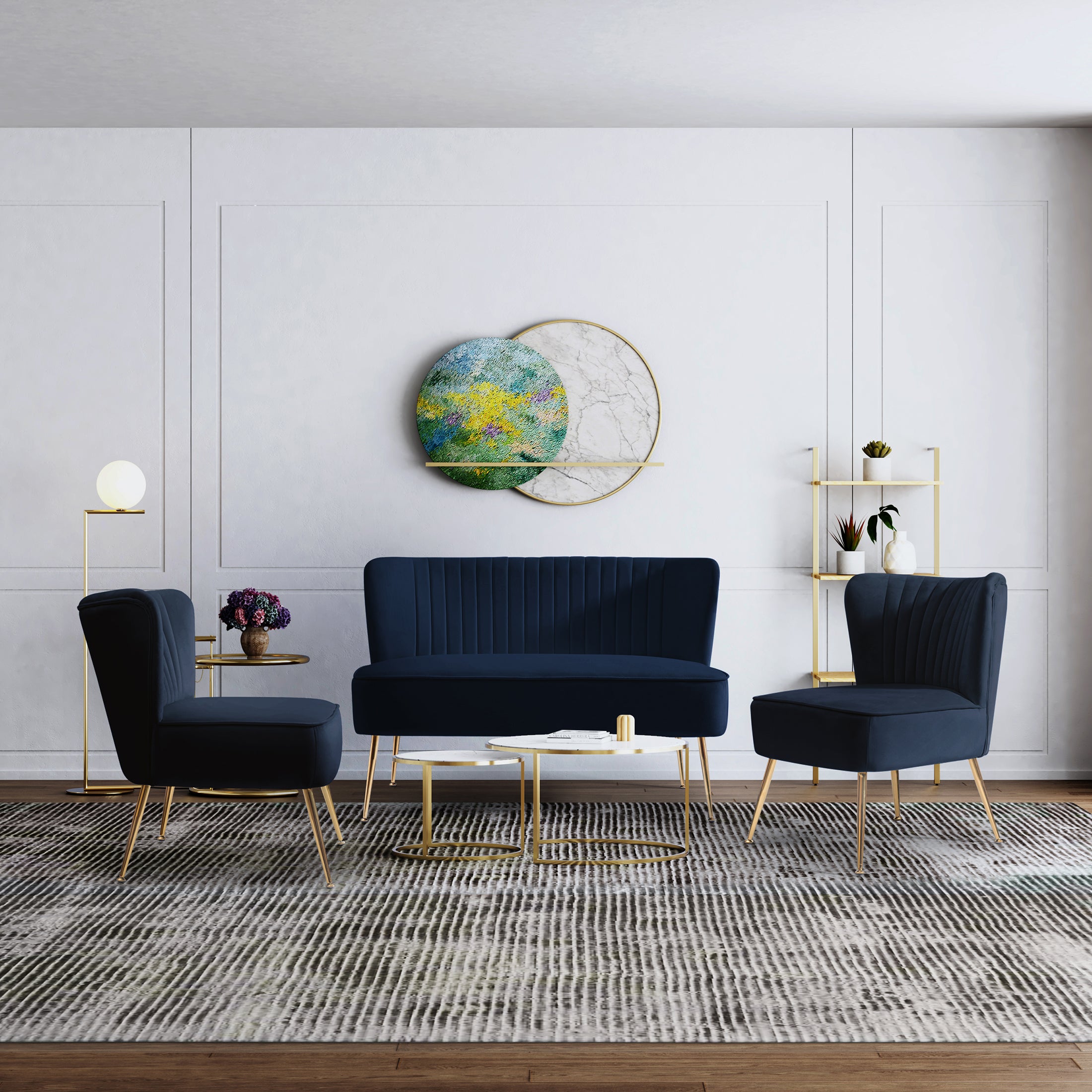 Alaia Mid Century Modern Tufted Velvet Loveseat Sofa and 22" Accent Chair 3-Piece Set