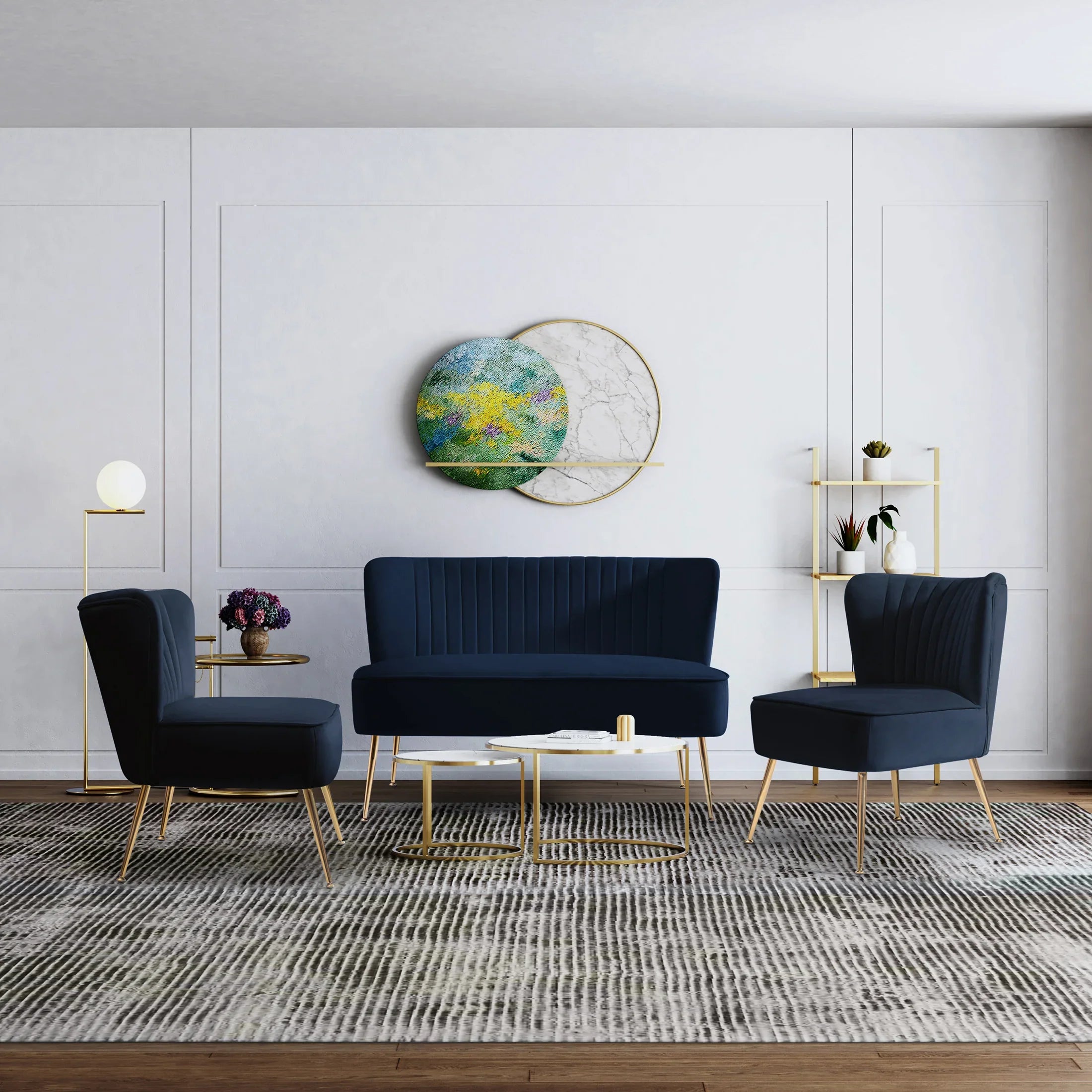 Alaia Mid Century Modern Tufted Velvet Loveseat Sofa and 22" Accent Chair 3-Piece Set