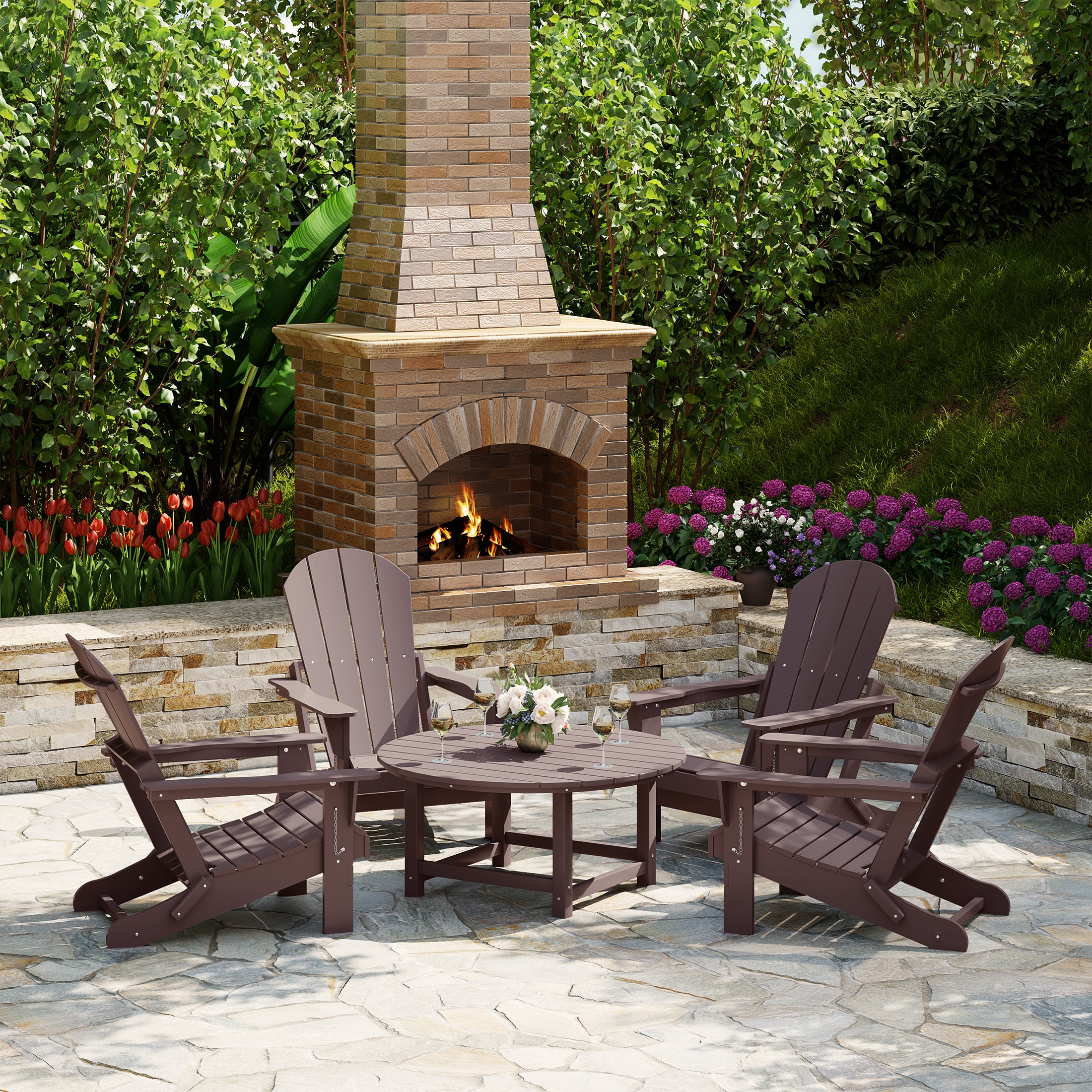 Paradise 5-Piece HDPE Folding Adirondack Chair Outdoor Patio Conversation Set