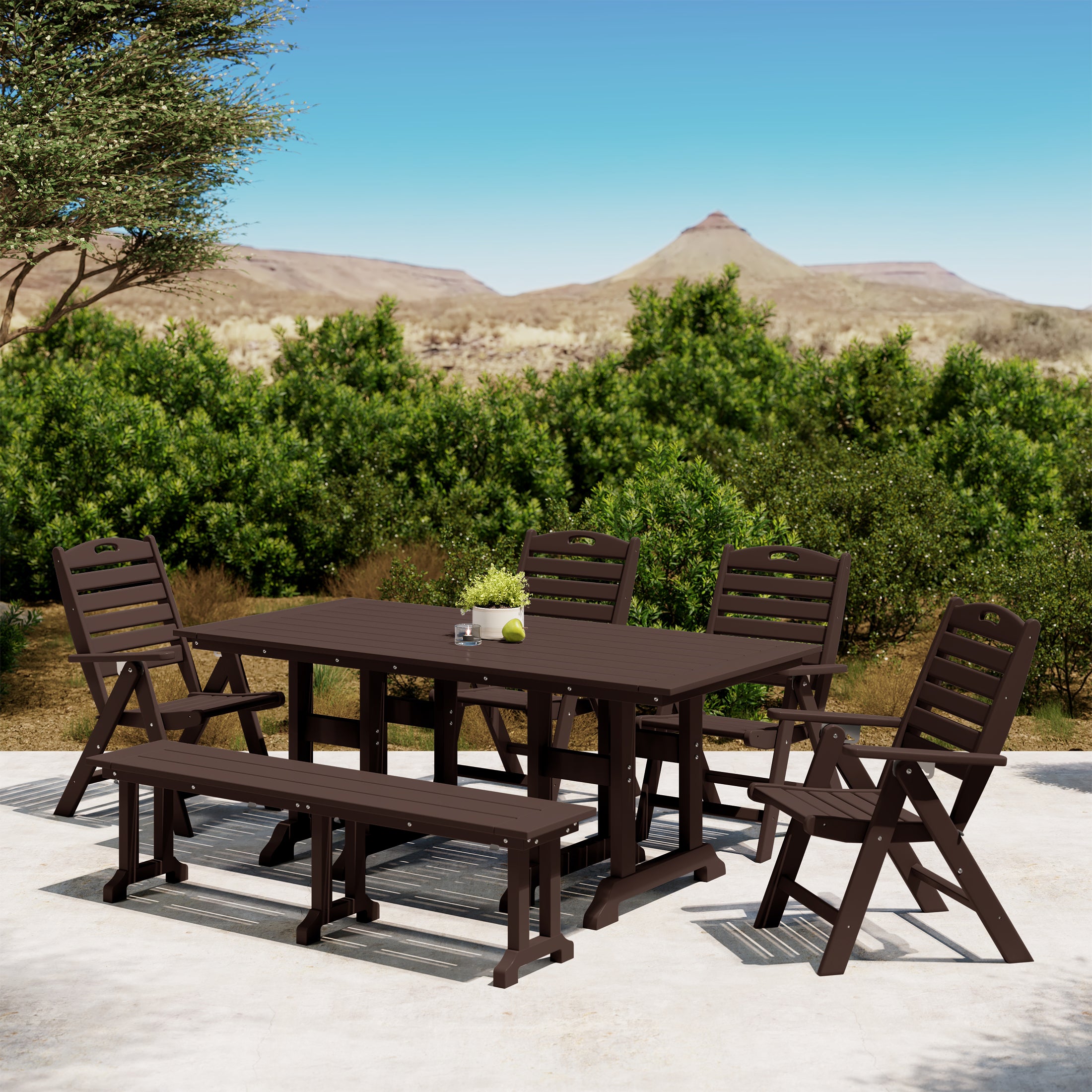 Paradise 6-Piece HDPE Rectangular Patio Dining Table Set with Foldable Chairs and Patio Bench