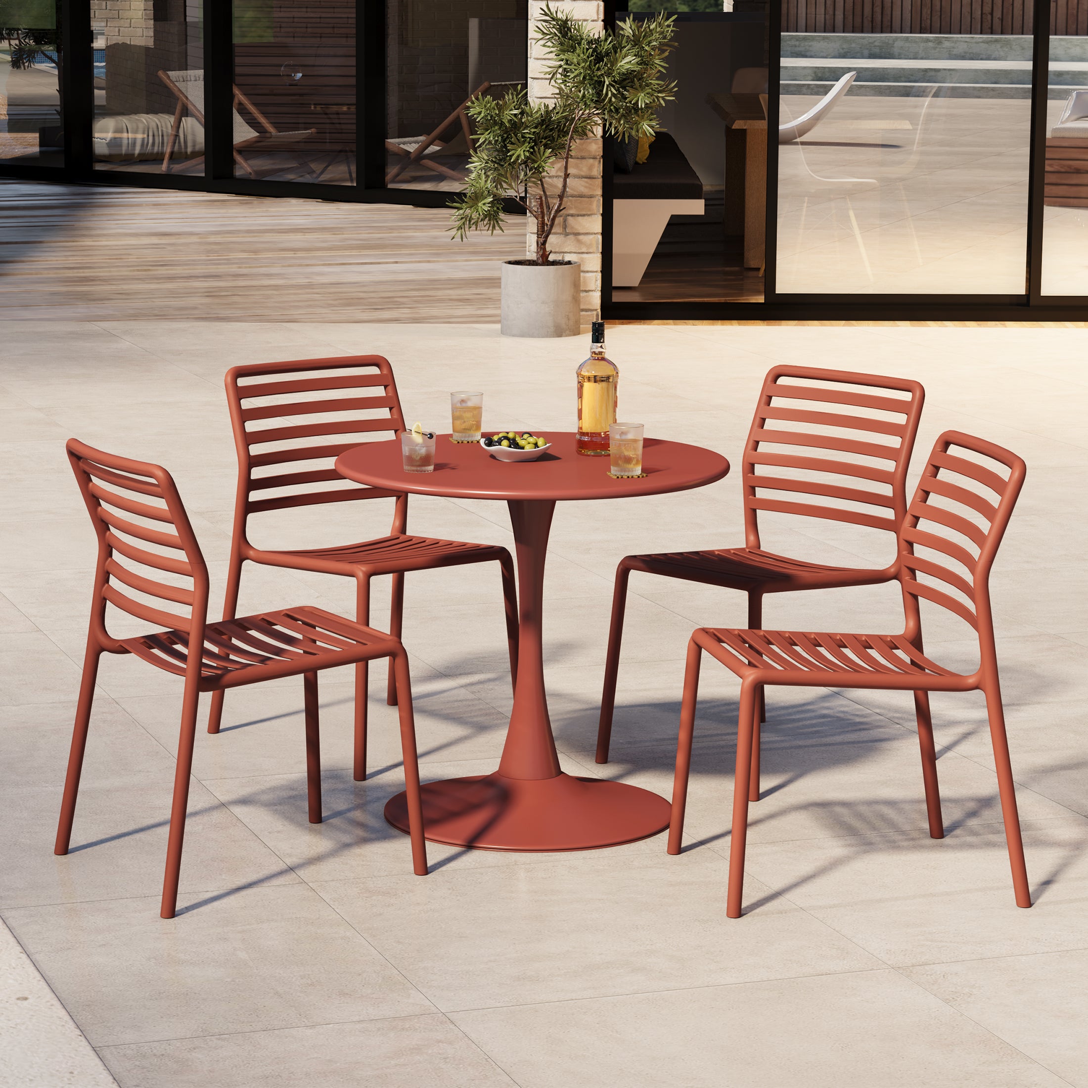 Sunshine 5-Piece Outdoor Indoor Metal Patio Dining Table Set With Stackable Plastic Patio Side Chairs