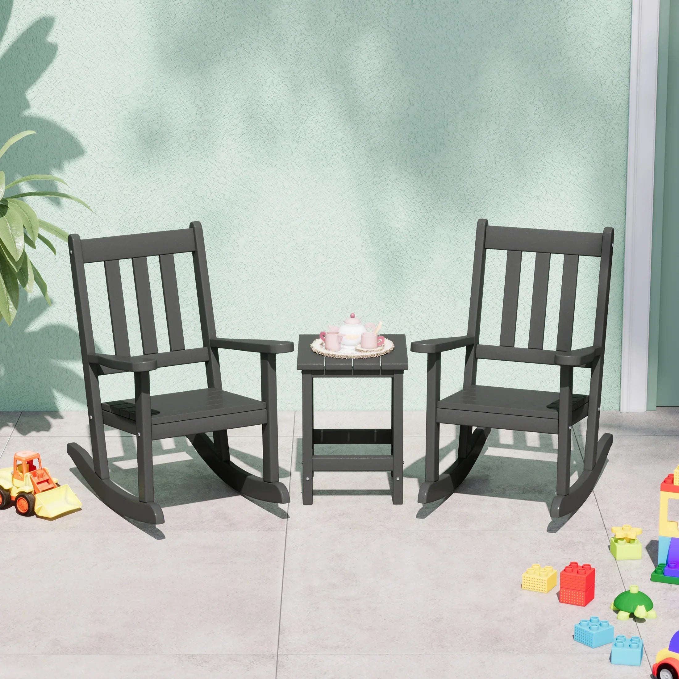 Paradise 3-Piece Kids Outdoor Rocking Chairs Set With Kids Square Side Table