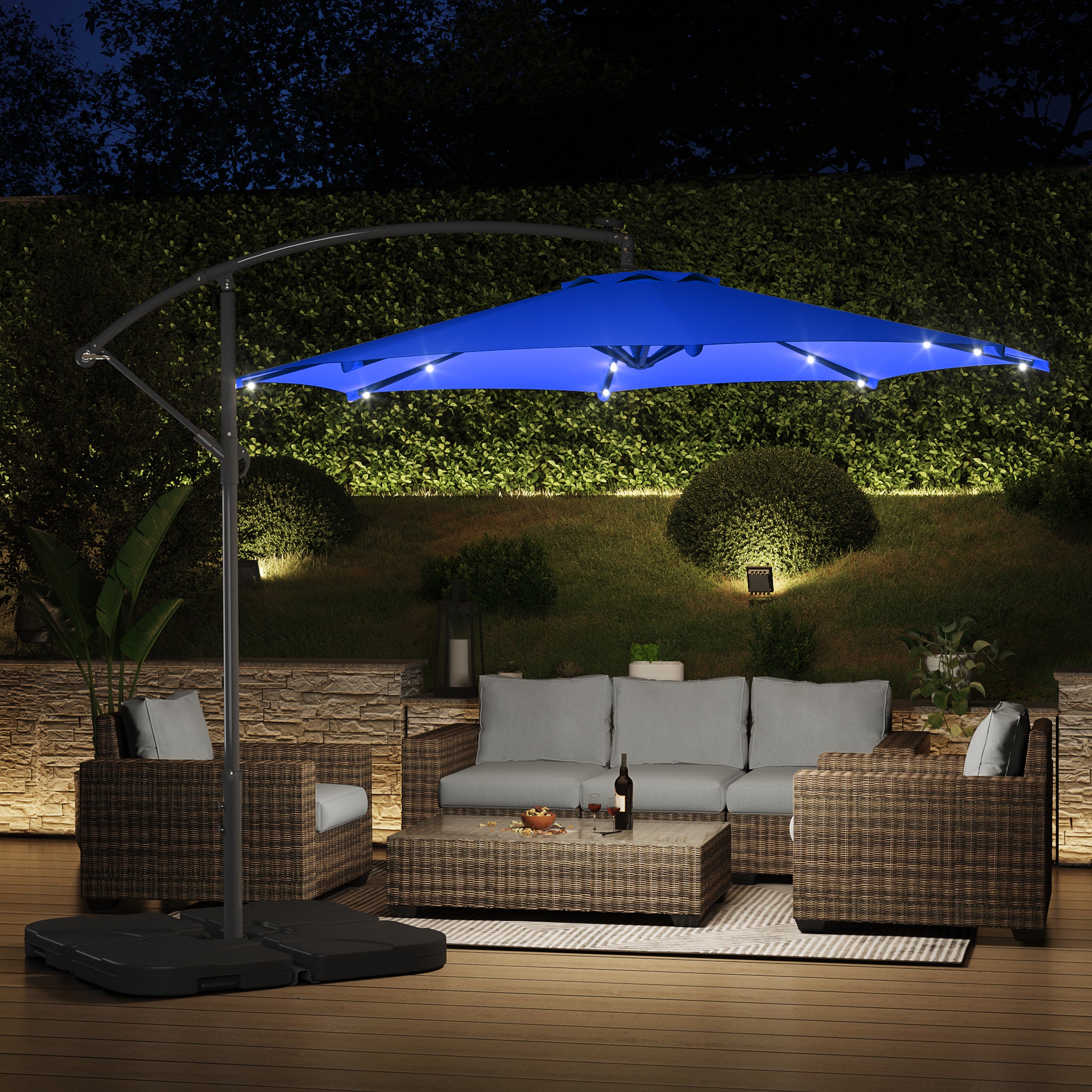 Westlake 10 ft. Outdoor / Paito Cantilever Hanging Umbrella with Solar Power LED lights and 50 lbs concrete weight base kit