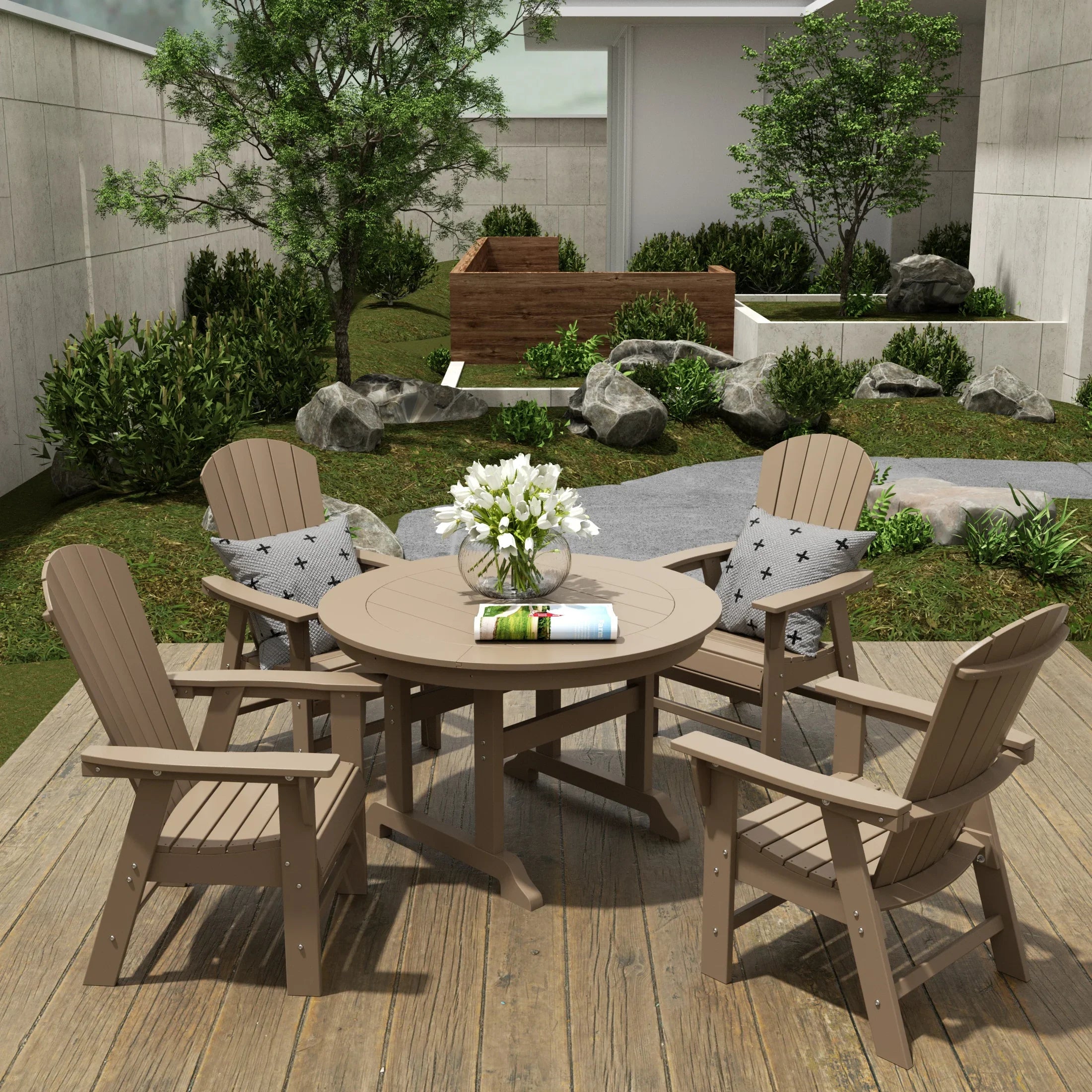 Portside 5 Piece Outdoor Patio Dining Round Table and Shell Back Armchair Set