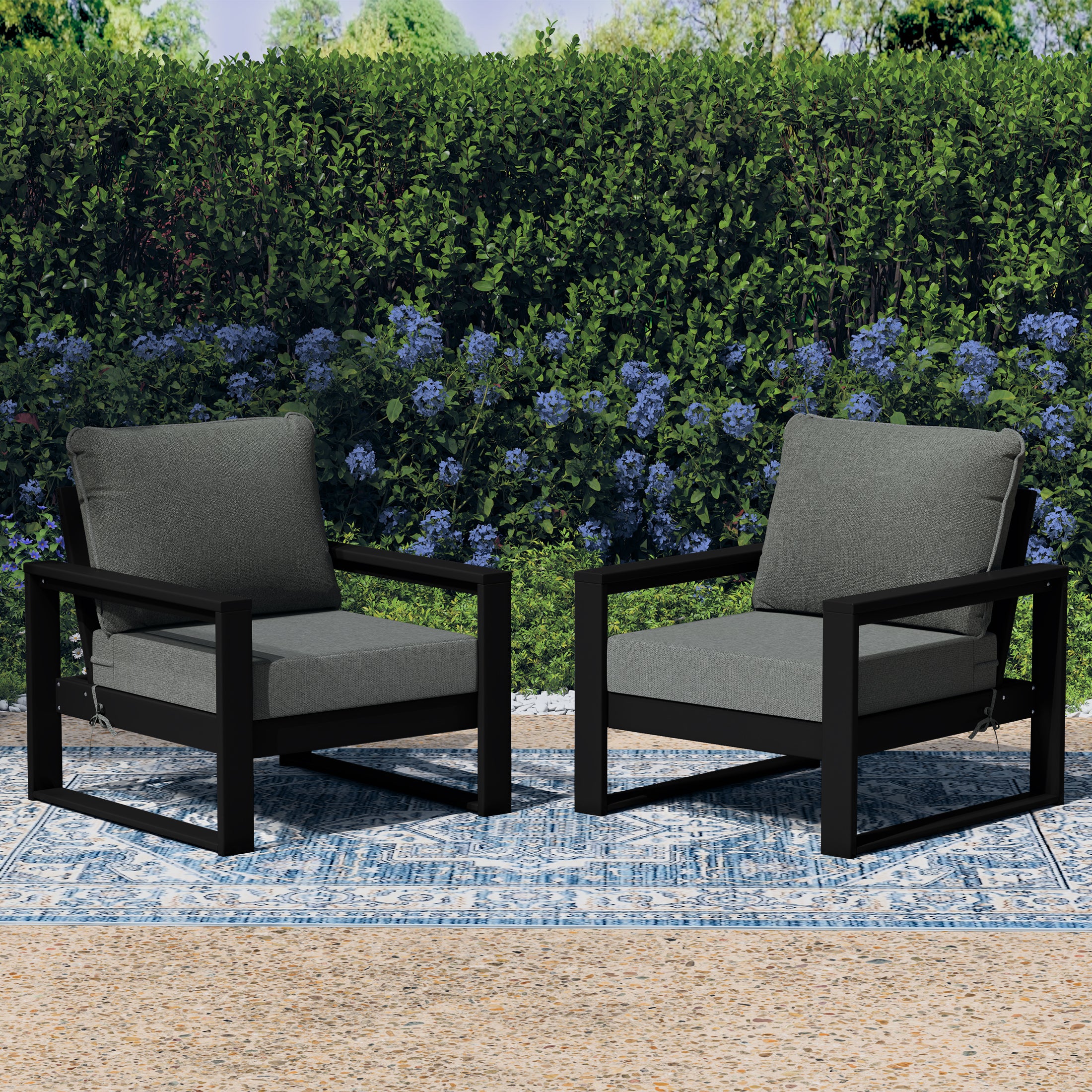 Rockaway Outdoor Modern HDPE Patio Club Chair with Waterproof Deep Seat Cushions (Set of 2)