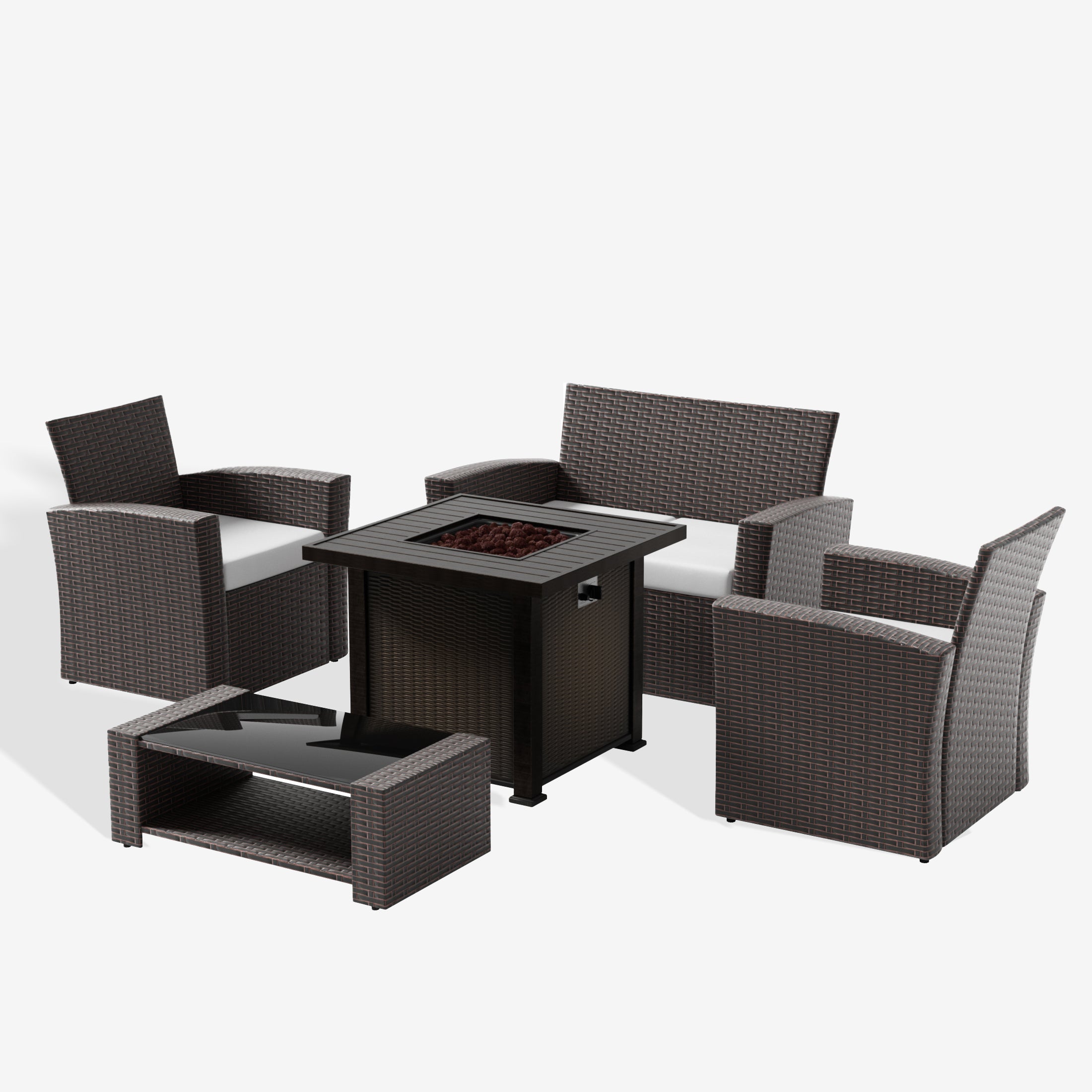 Wynston 4-Piece Conversation Outdoor Patio Sofa Set with Square Fire Pit Table, Chocolate