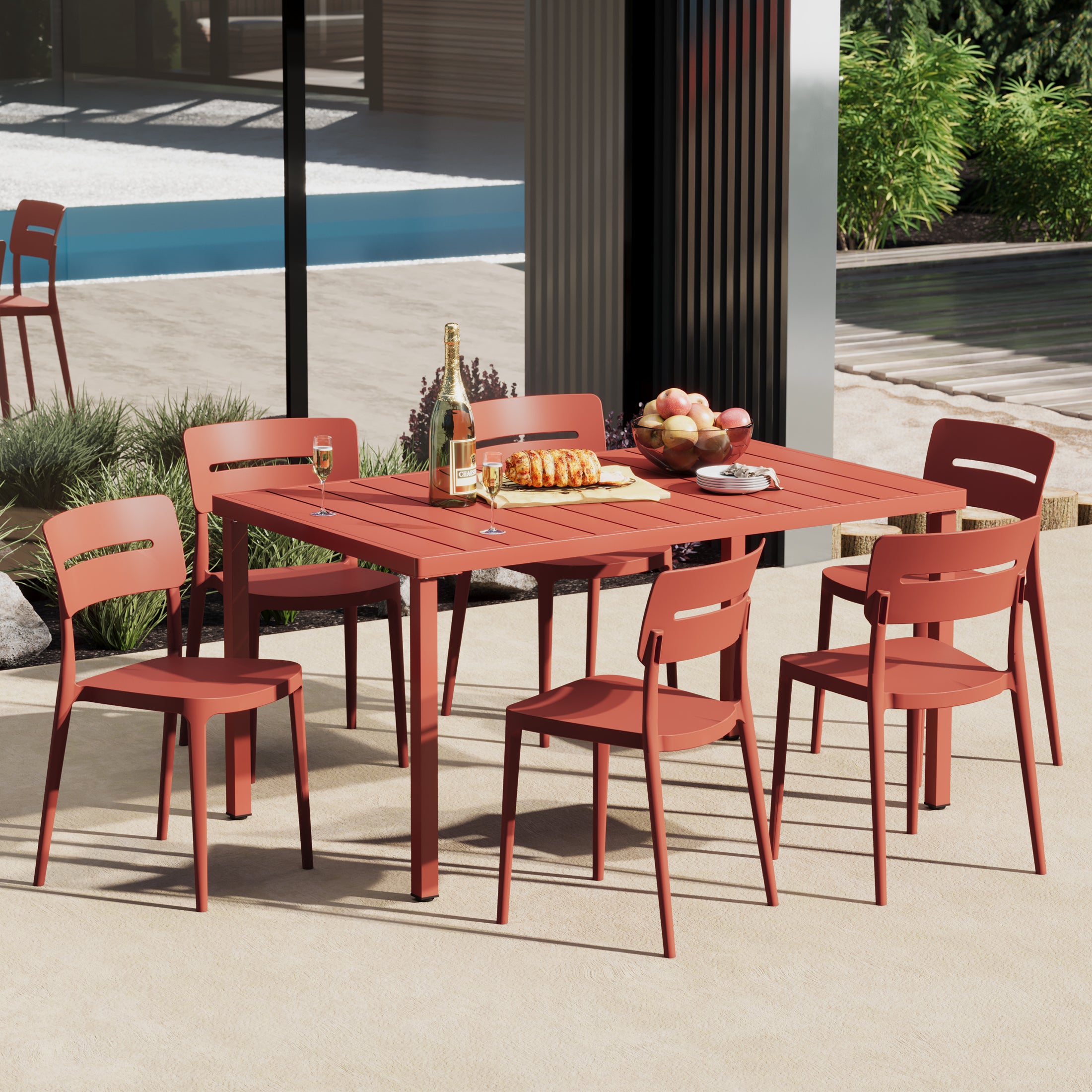 Sunshine 7-Piece Outdoor Rectangular Metal Patio Dining Table Set With Stackable Patio Chairs