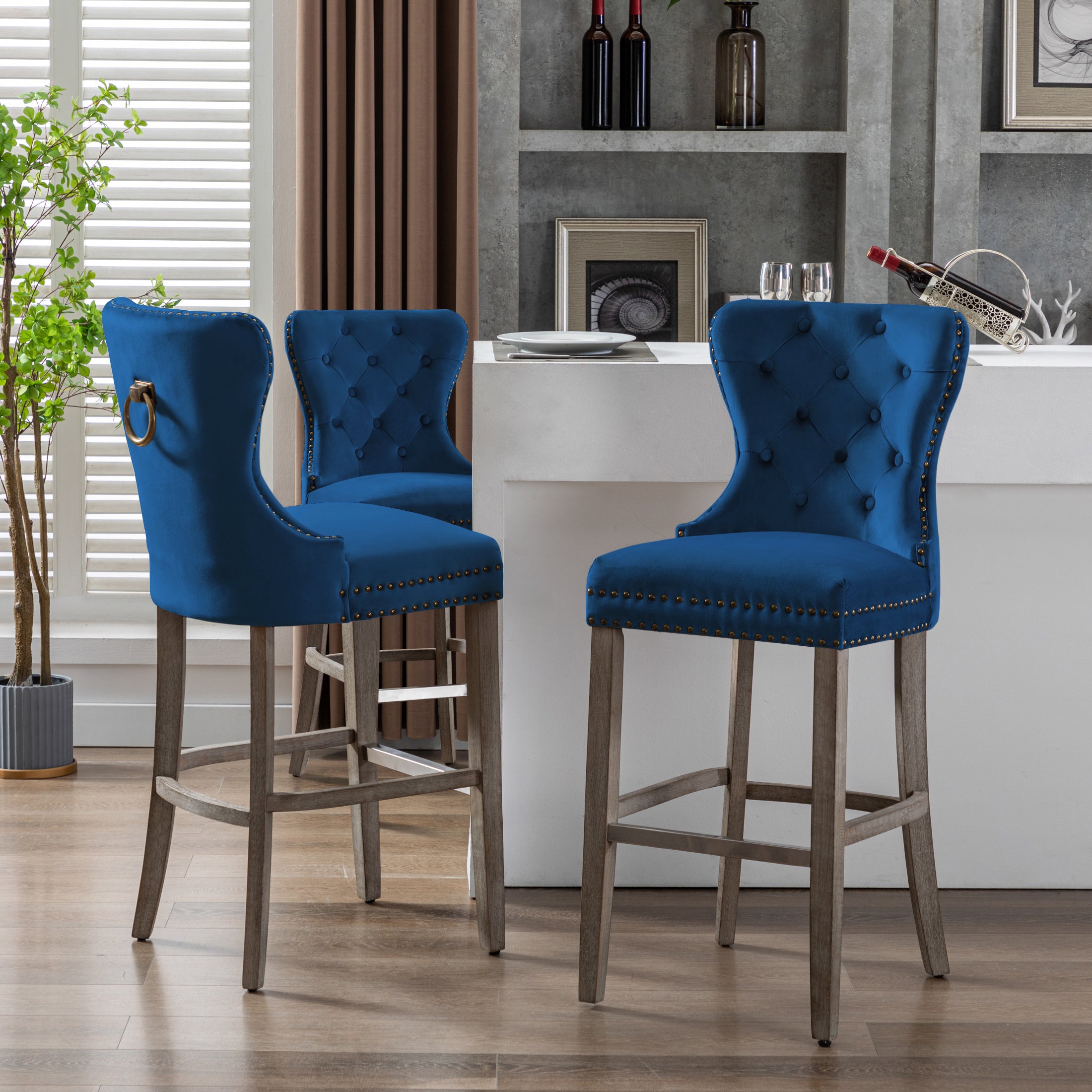 Hank 29" Tufted Velvet Bar Stool (Set of 3), Antique Gray