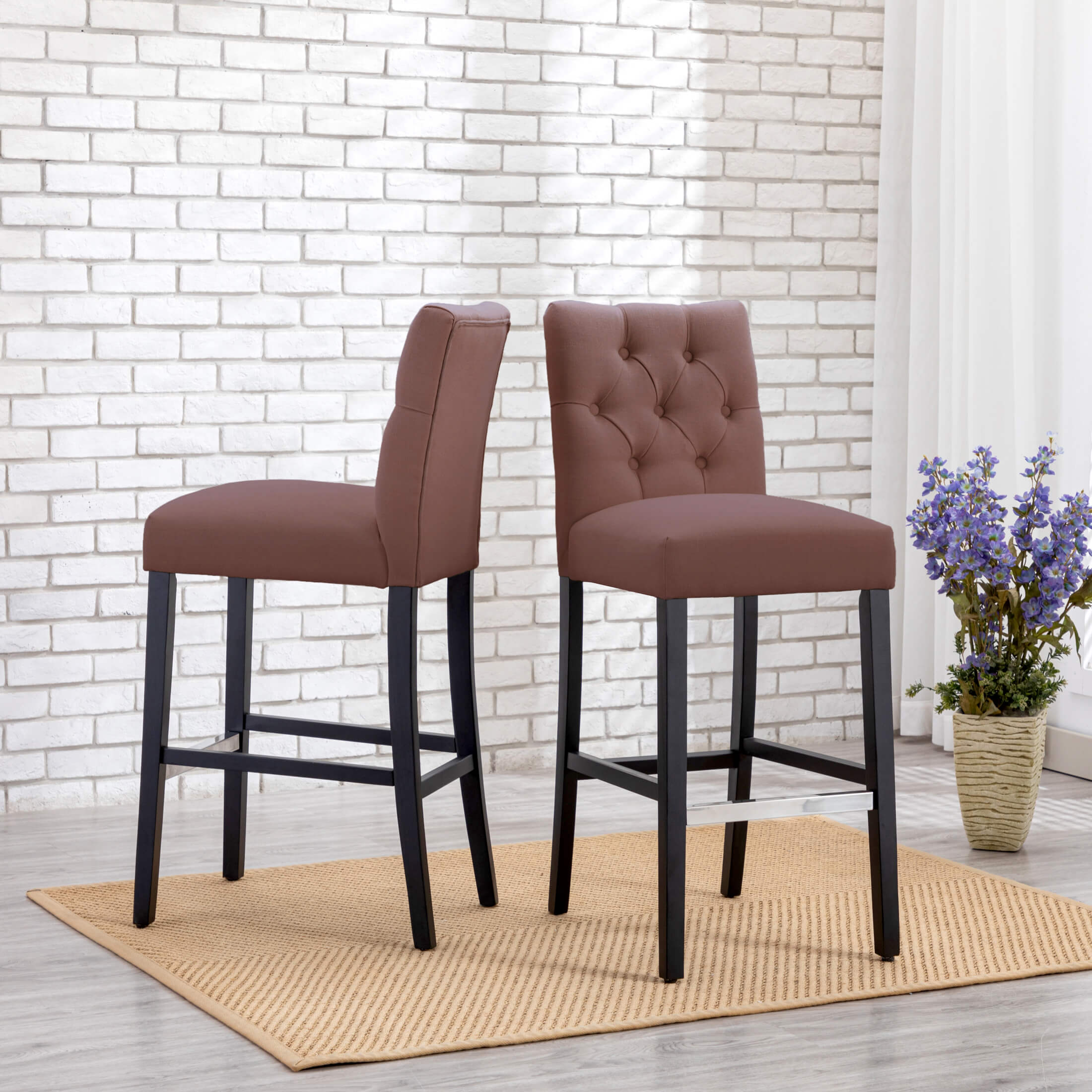 Bellmount 29" Linen Fabric Tufted Bar Stool (Set of 2),Black