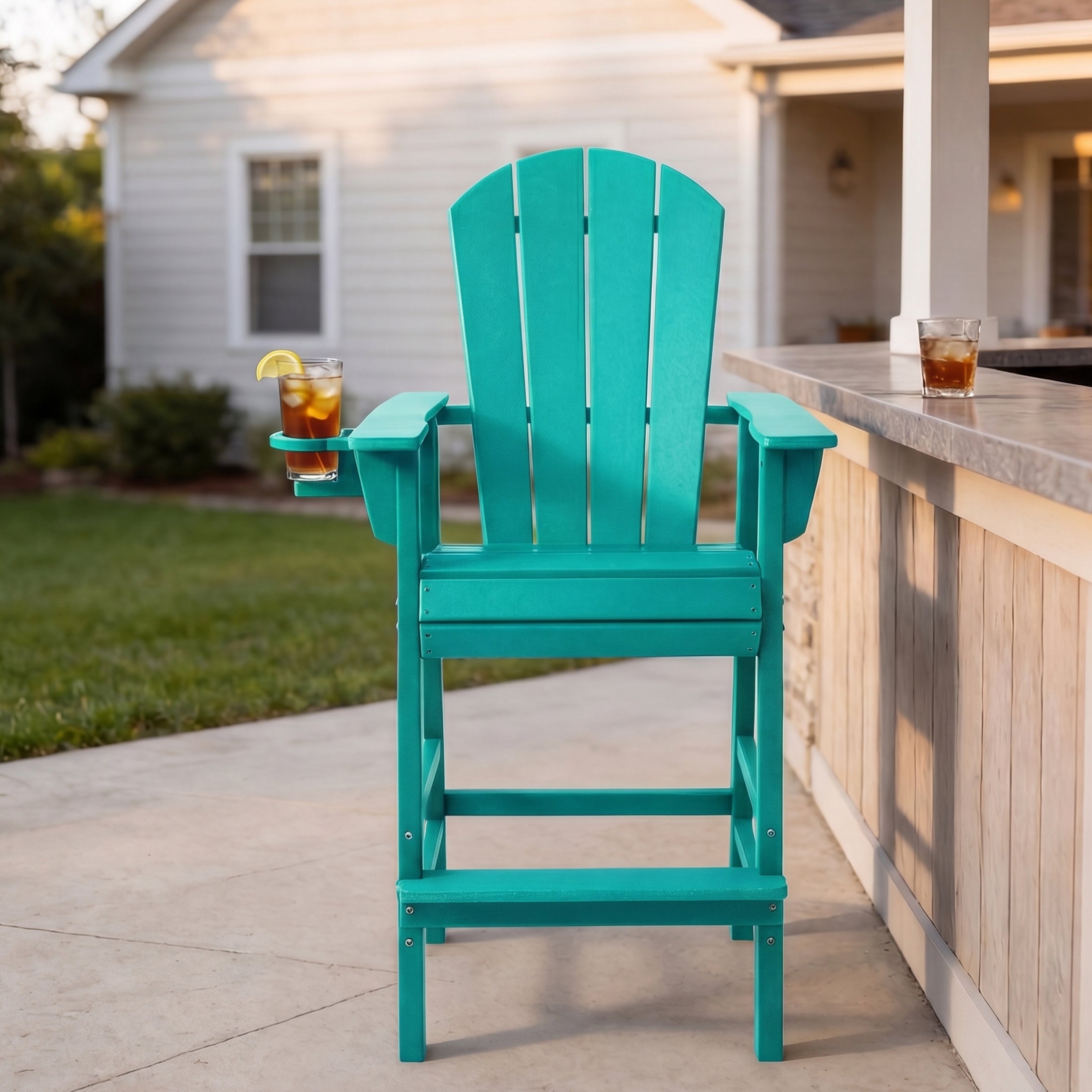 Paradise Outdoor HDPE Tall Adirondack Bar Height Chair With Cup Holder