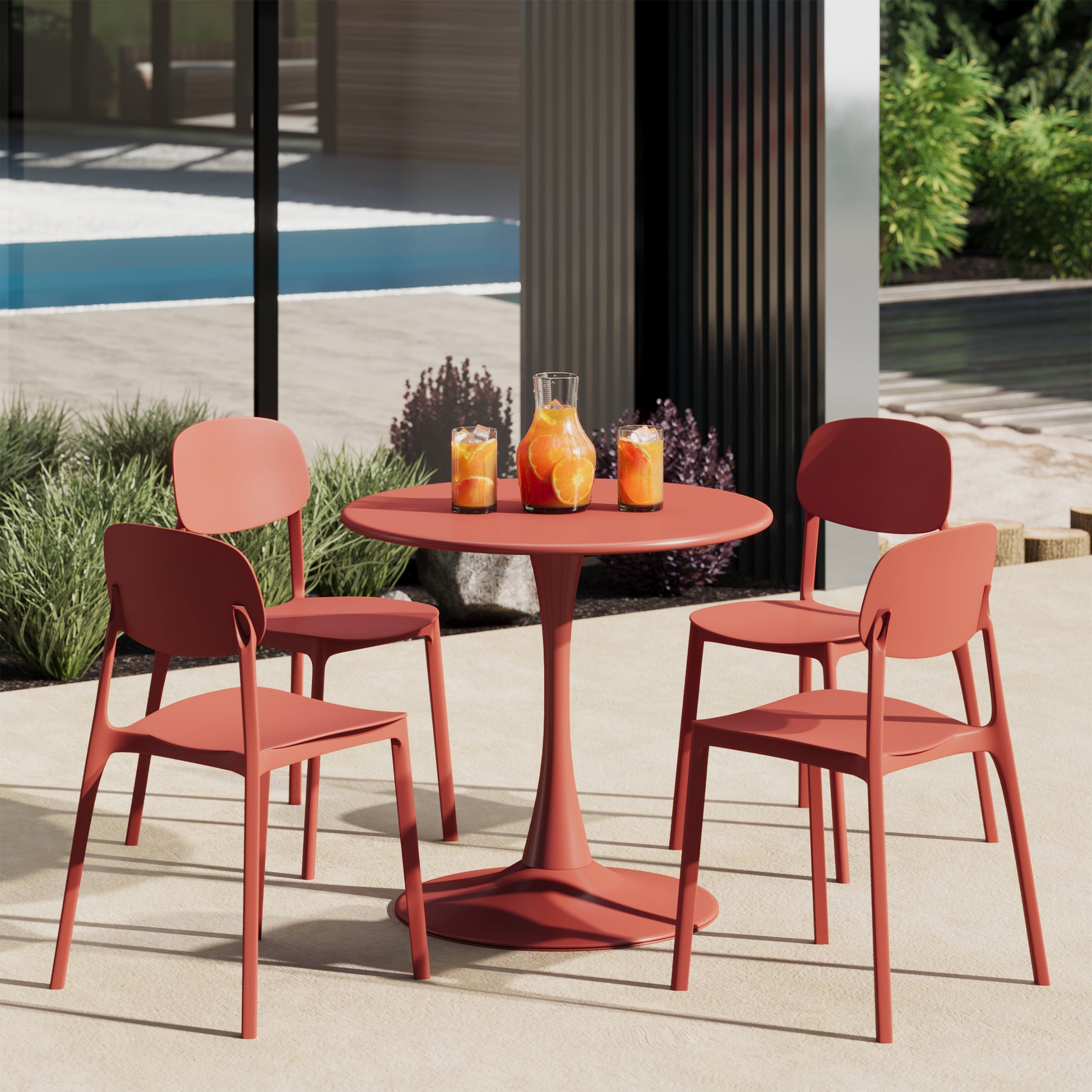 Sunshine 5-Piece Indoor Outdoor Metal Round Patio Dining Table Set With Stackable Resin Patio Side Chairs