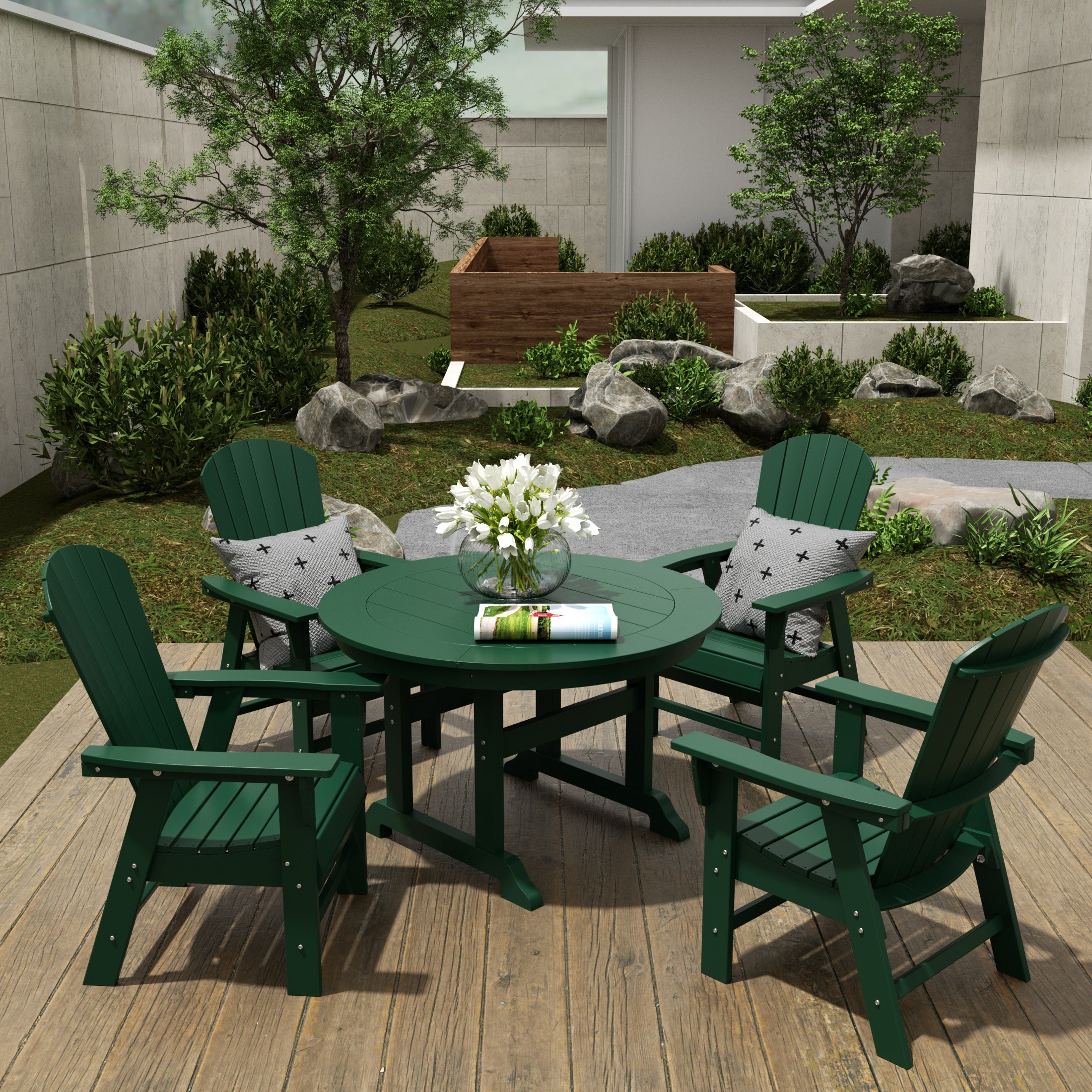 Portside 5 Piece Outdoor Patio Dining Round Table and Shell Back Armchair Set