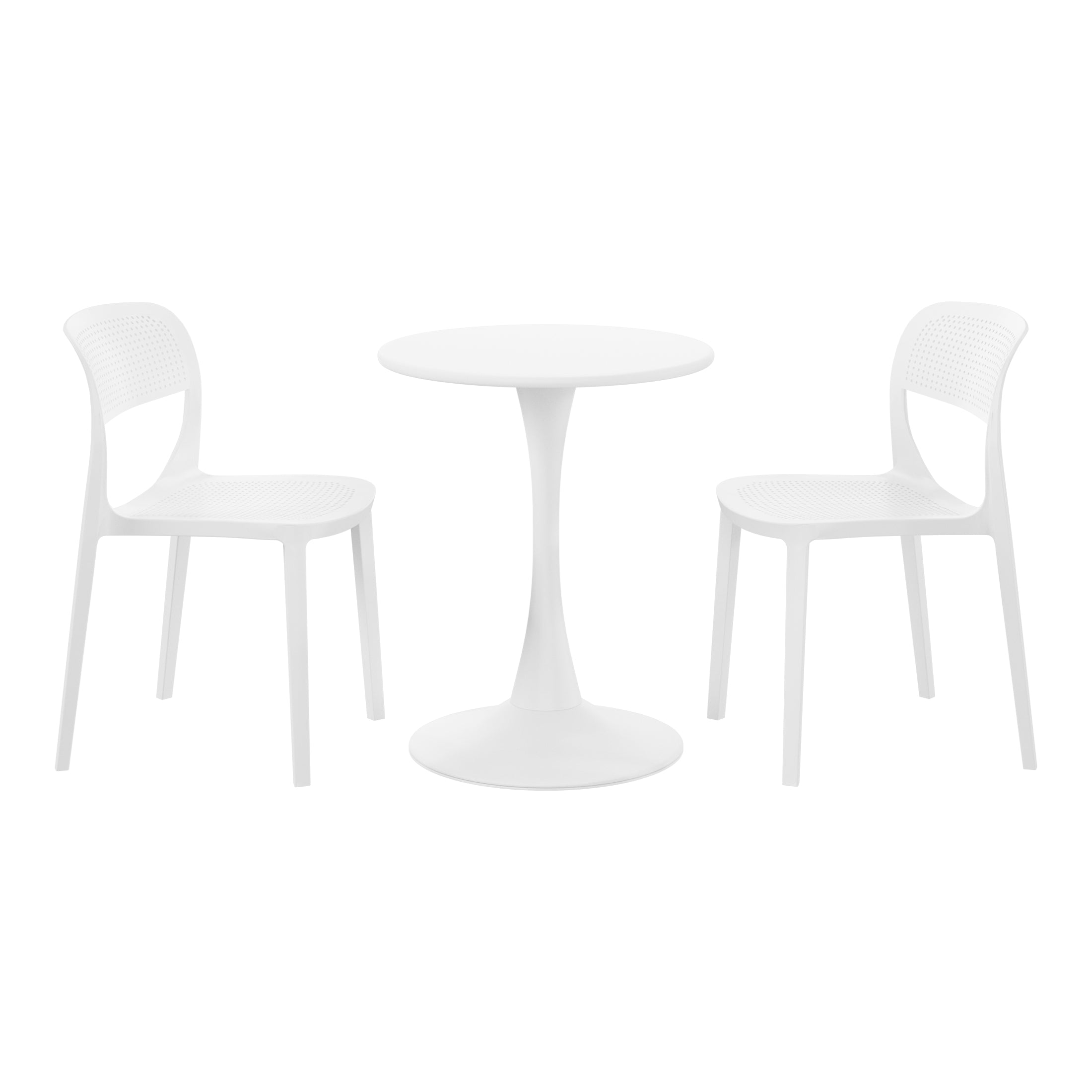 Sunshine 3-Piece Round Metal Bistro Dining Table Set And Stackable Resin Patio Dining Side Chairs