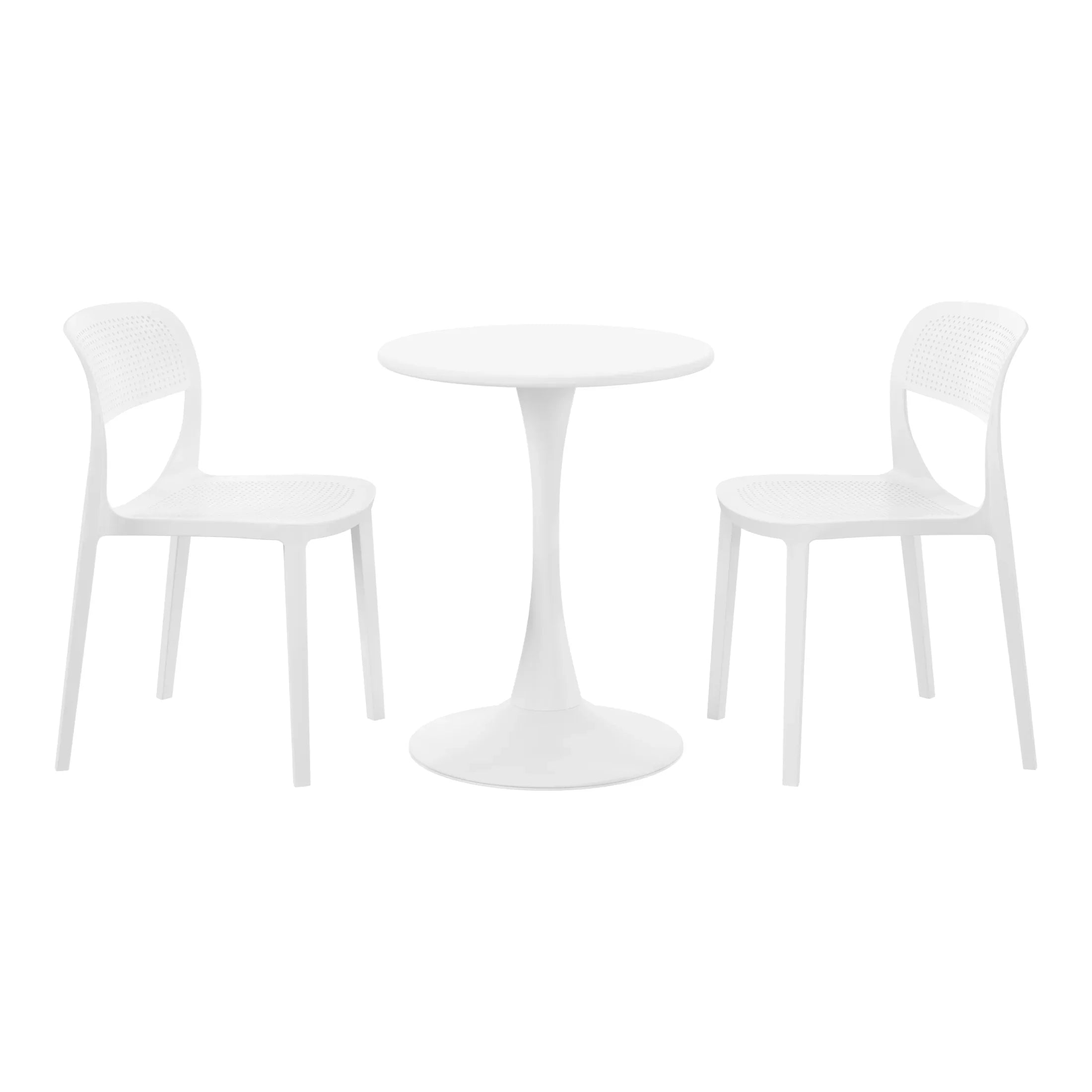Sunshine 3-Piece Round Metal Bistro Dining Table Set And Stackable Resin Patio Dining Side Chairs