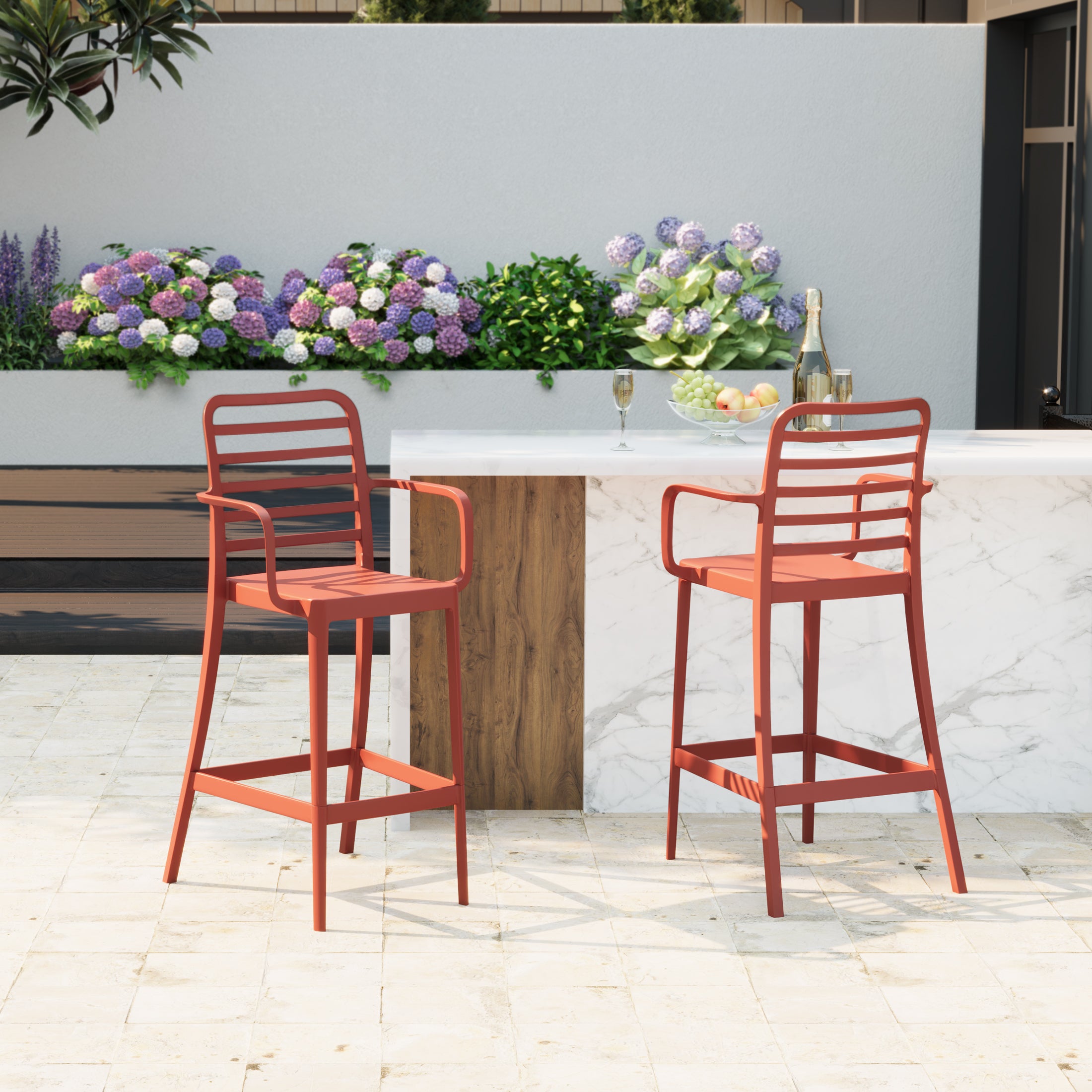 Sunshine 29.5" Outdoor Polypropylene Plastic Patio Bar Height Stools (Set of 2)