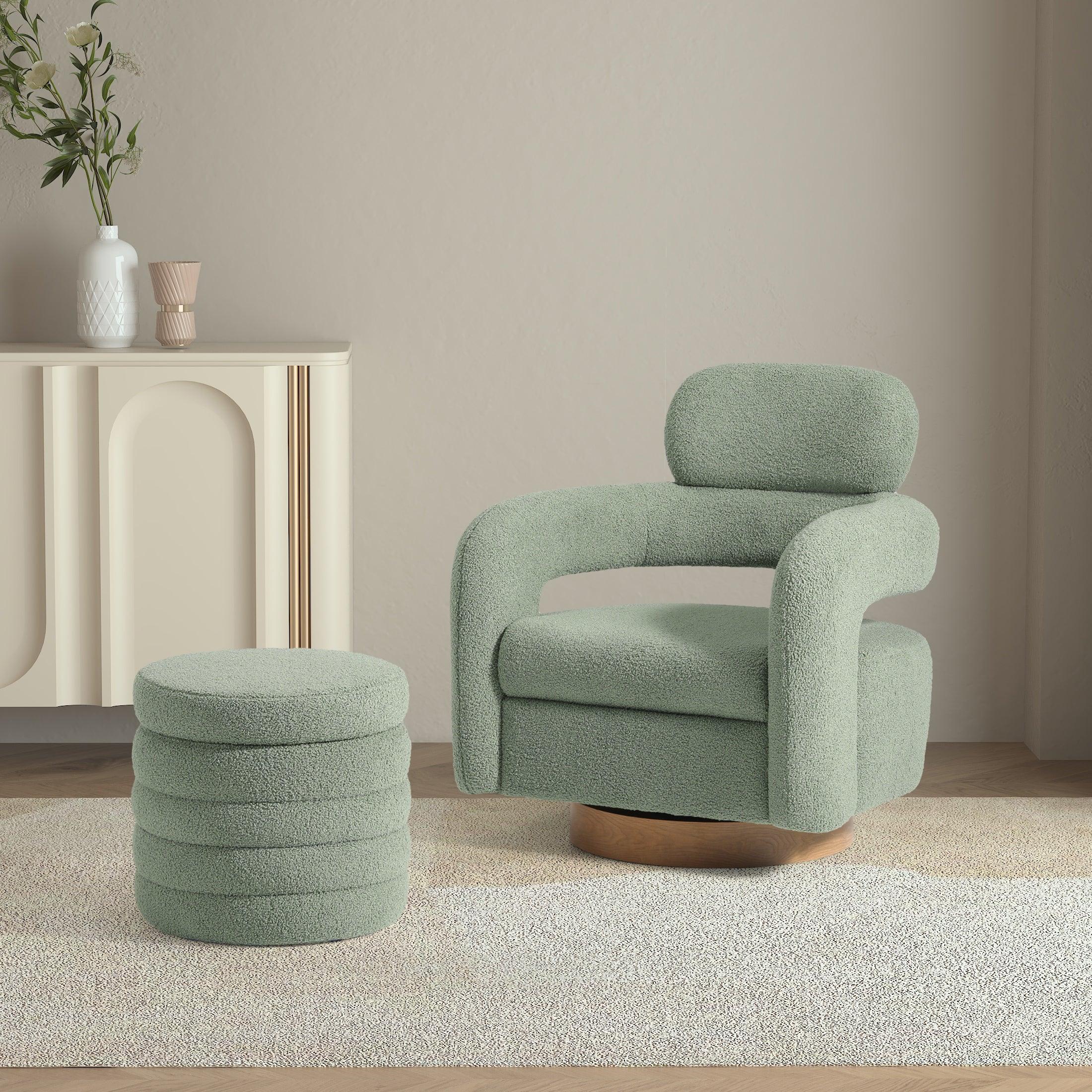 Celine Mid-Century Modern Sherpa Swivel Barrel Accent Chair With Storage Ottoman