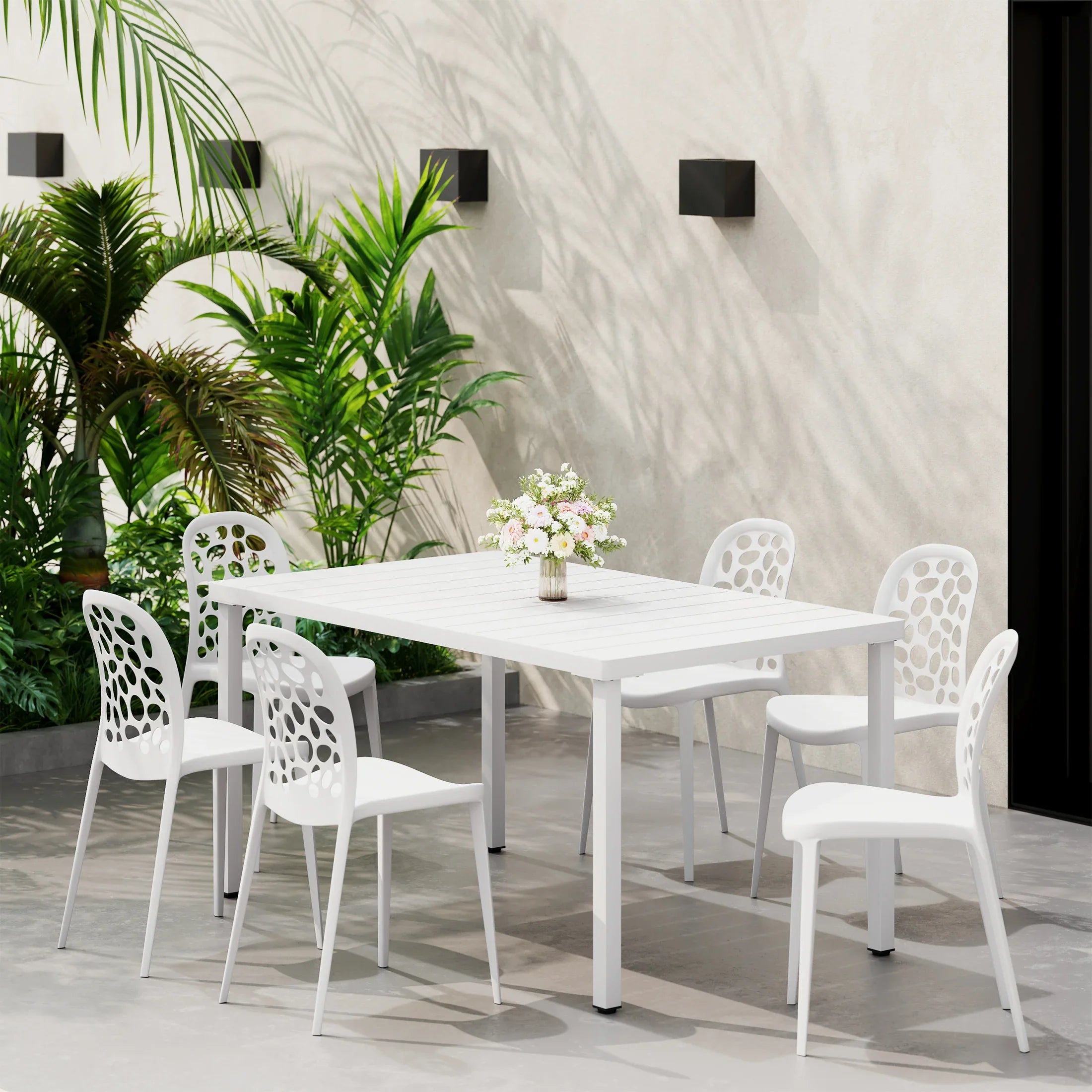 Sunshine 7-Piece Outdoor Metal Rectangle Patio Dining Table Set With Stackable Patio Dining Side Chairs
