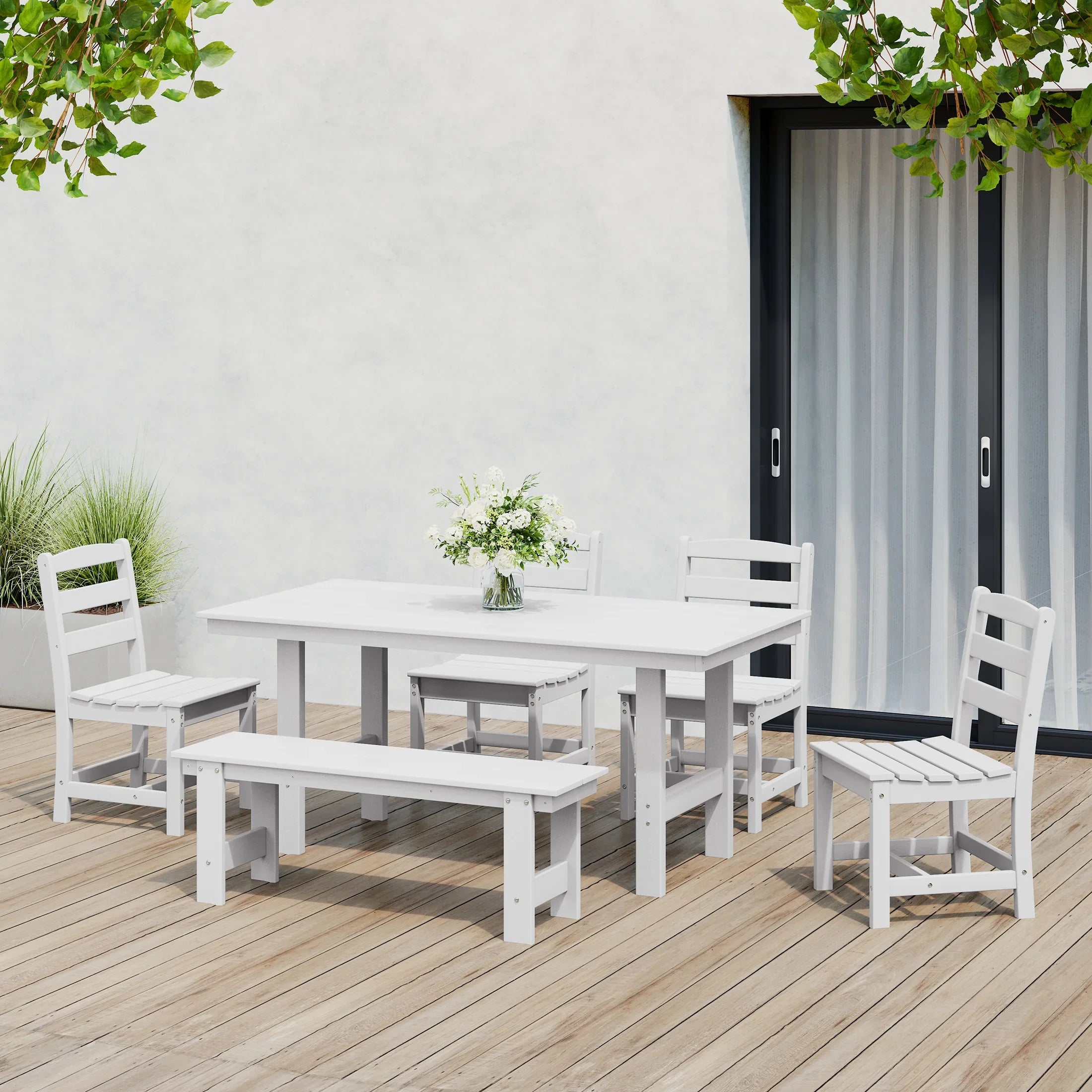 Palms 6-Piece Outdoor HDPE Rectangular Patio Dining Table Set with Bench
