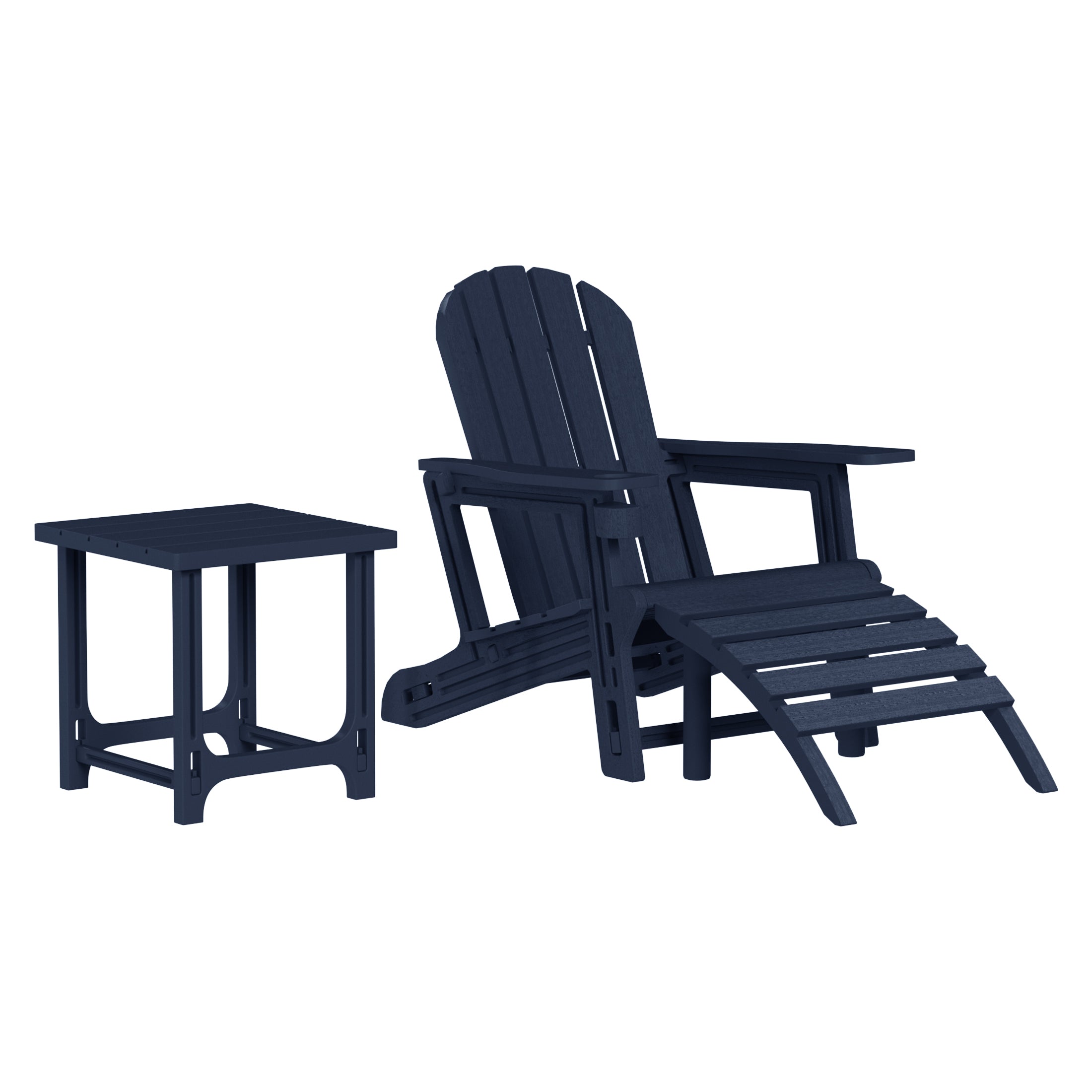 Cayman 3-Piece HDPE Outdoor Patio Adirondack Chair with Ottoman and 18" Side Table Set