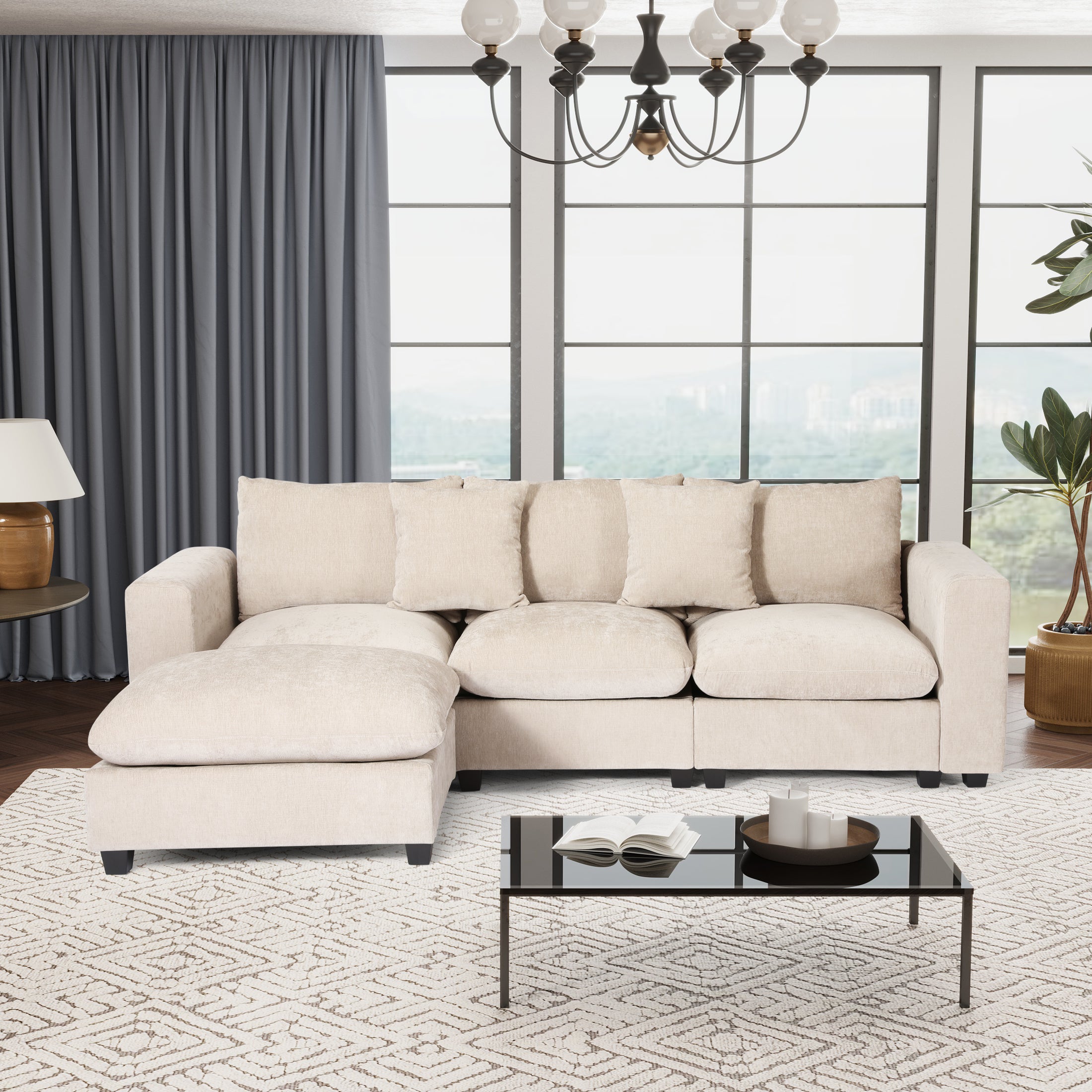 Springfield 99" Modular Chenille L-Shaped Sectional Sofa and Chaise With USB/Type-C Ports and Side Pockets