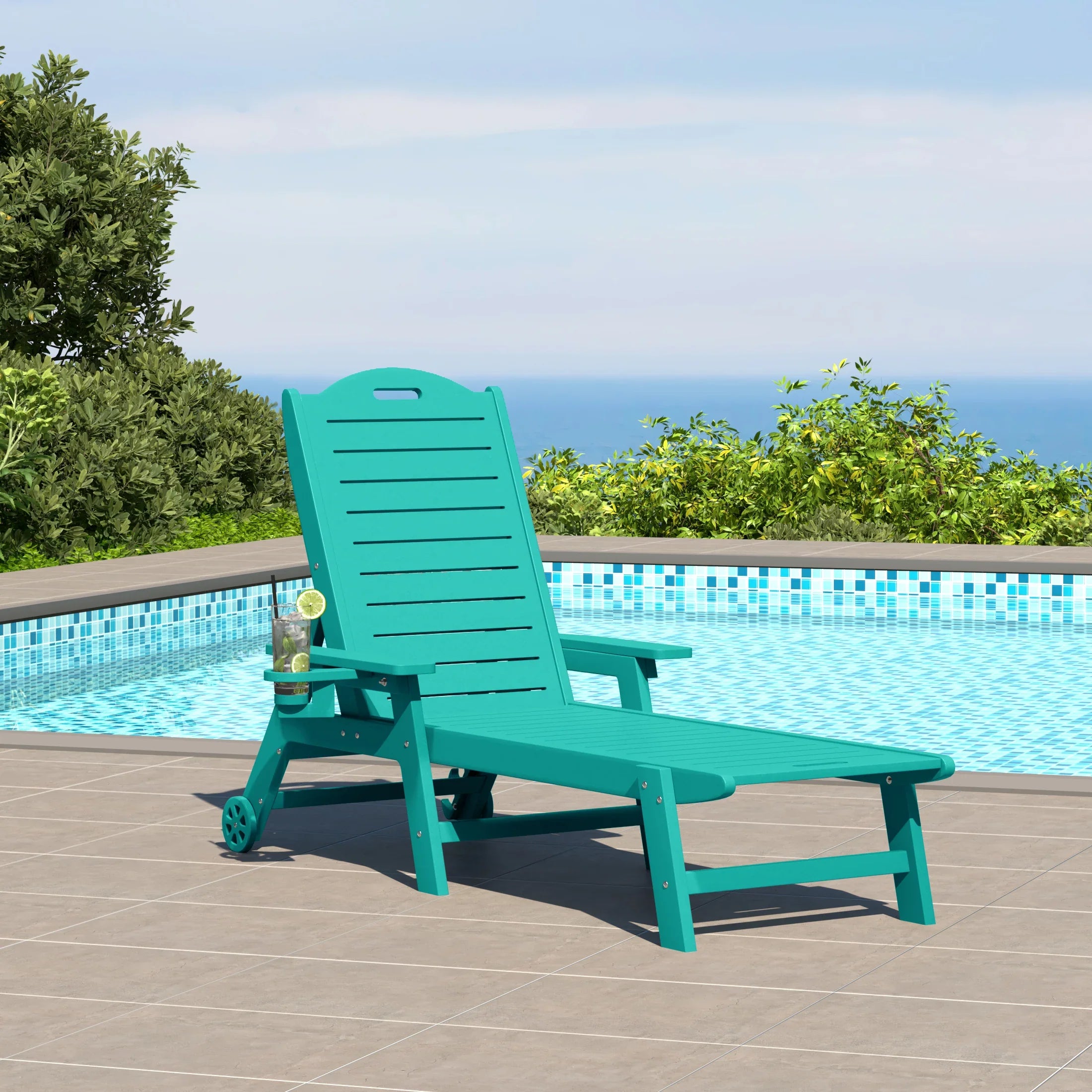 Lago Outdoor HDPE Patio Chaise Lounge With Wheels & Cup Holder