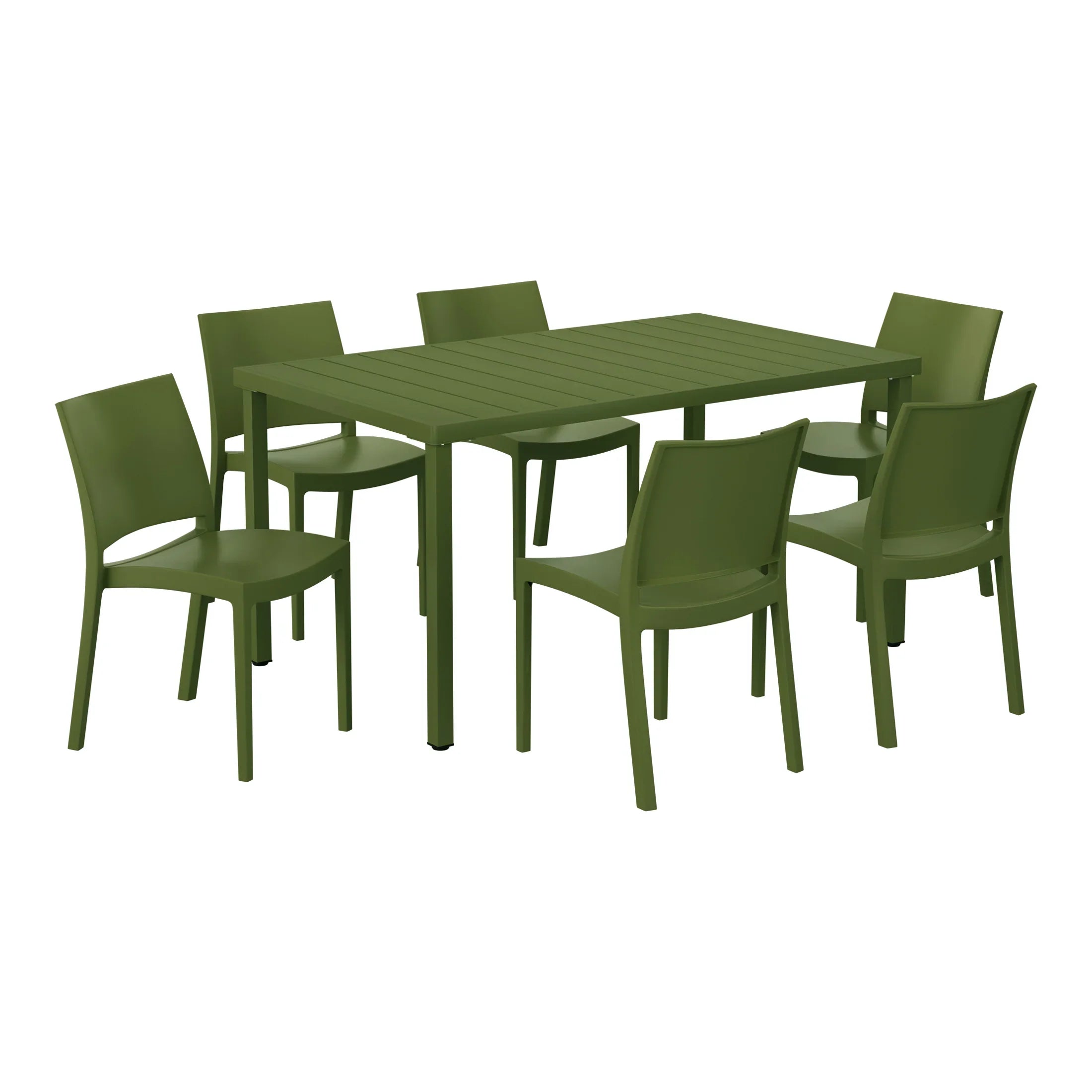 Sunshine 7-Piece Outdoor Rectangular Metal Patio Dining Table Set With Stackable Resin Patio Side Chairs