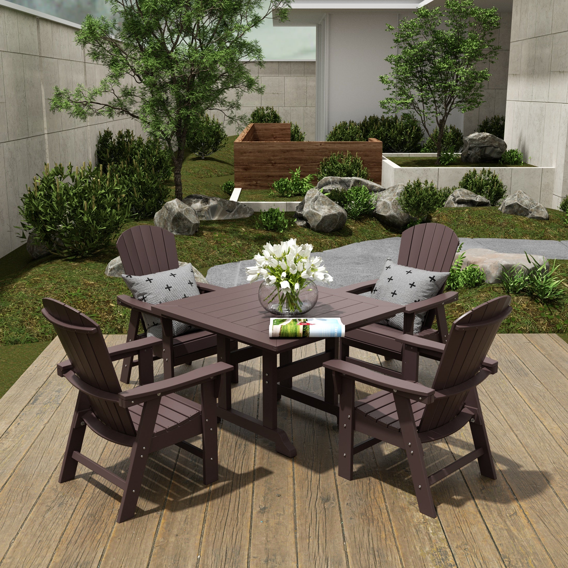 Portside 5 Piece Outdoor Patio Dining Square Table and Shell Back Armchair Set