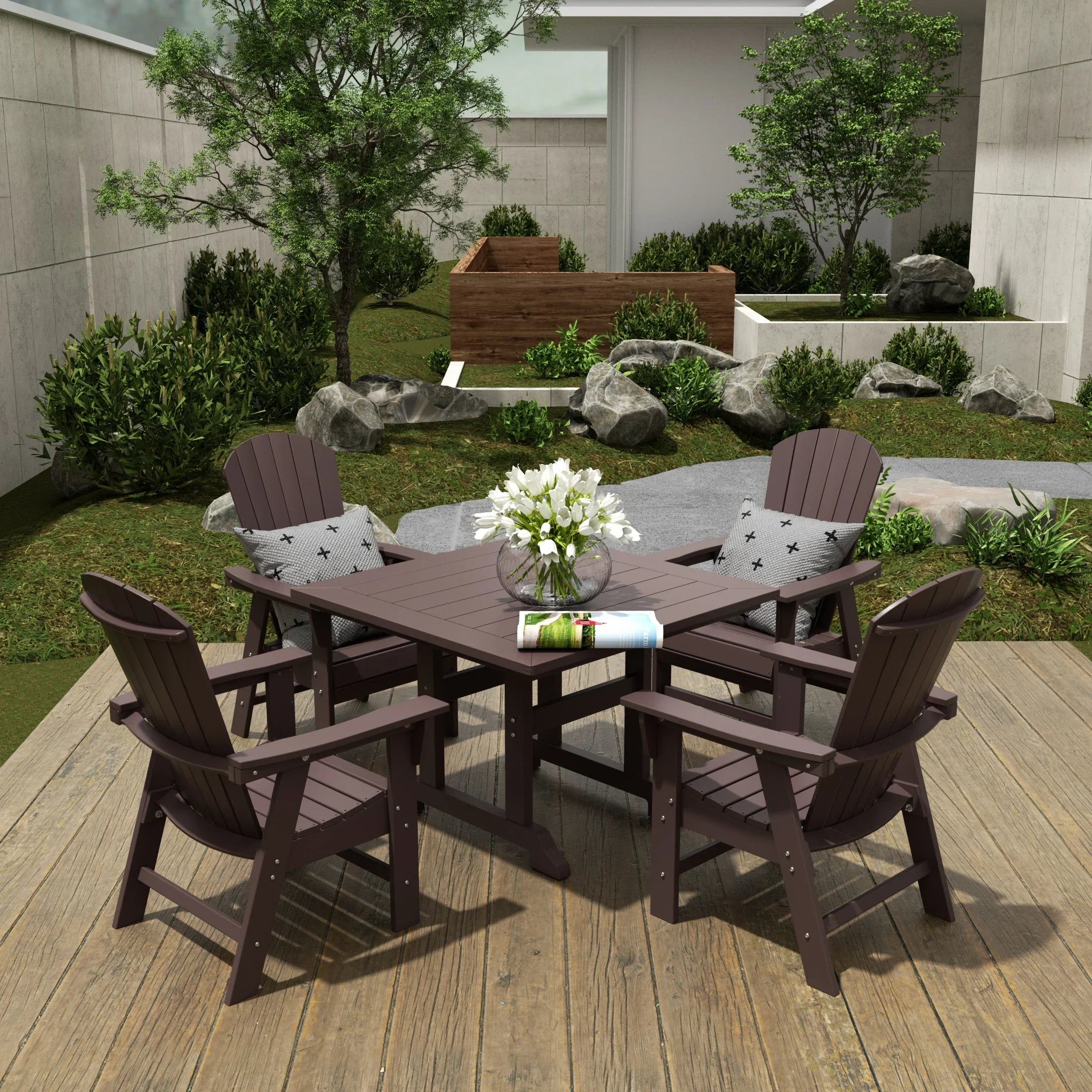 Portside 5 Piece Outdoor Patio Dining Square Table and Shell Back Armchair Set