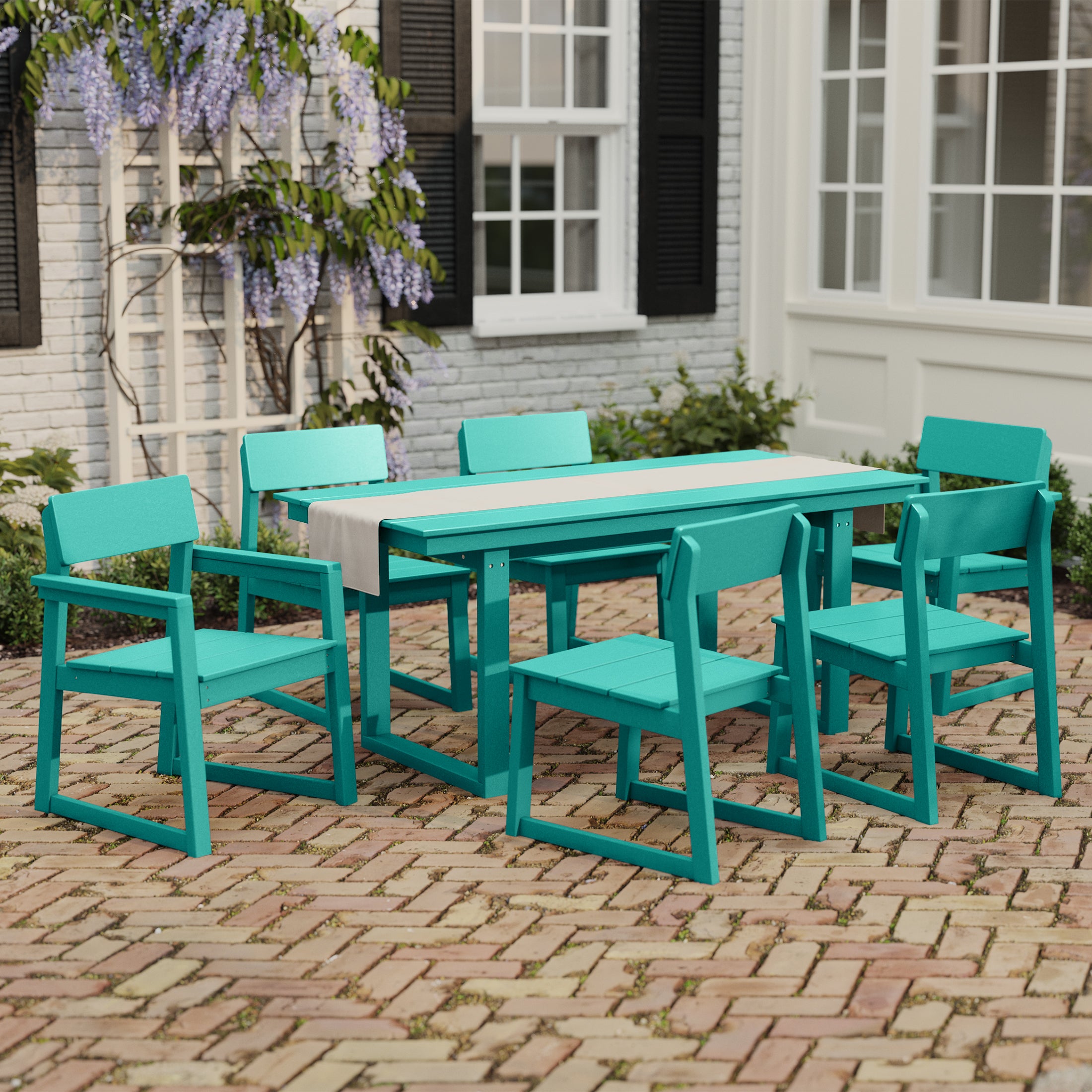 Cambria 7-Piece Modern HDPE Outdoor Patio Dining Table Set With Umbrella Hole