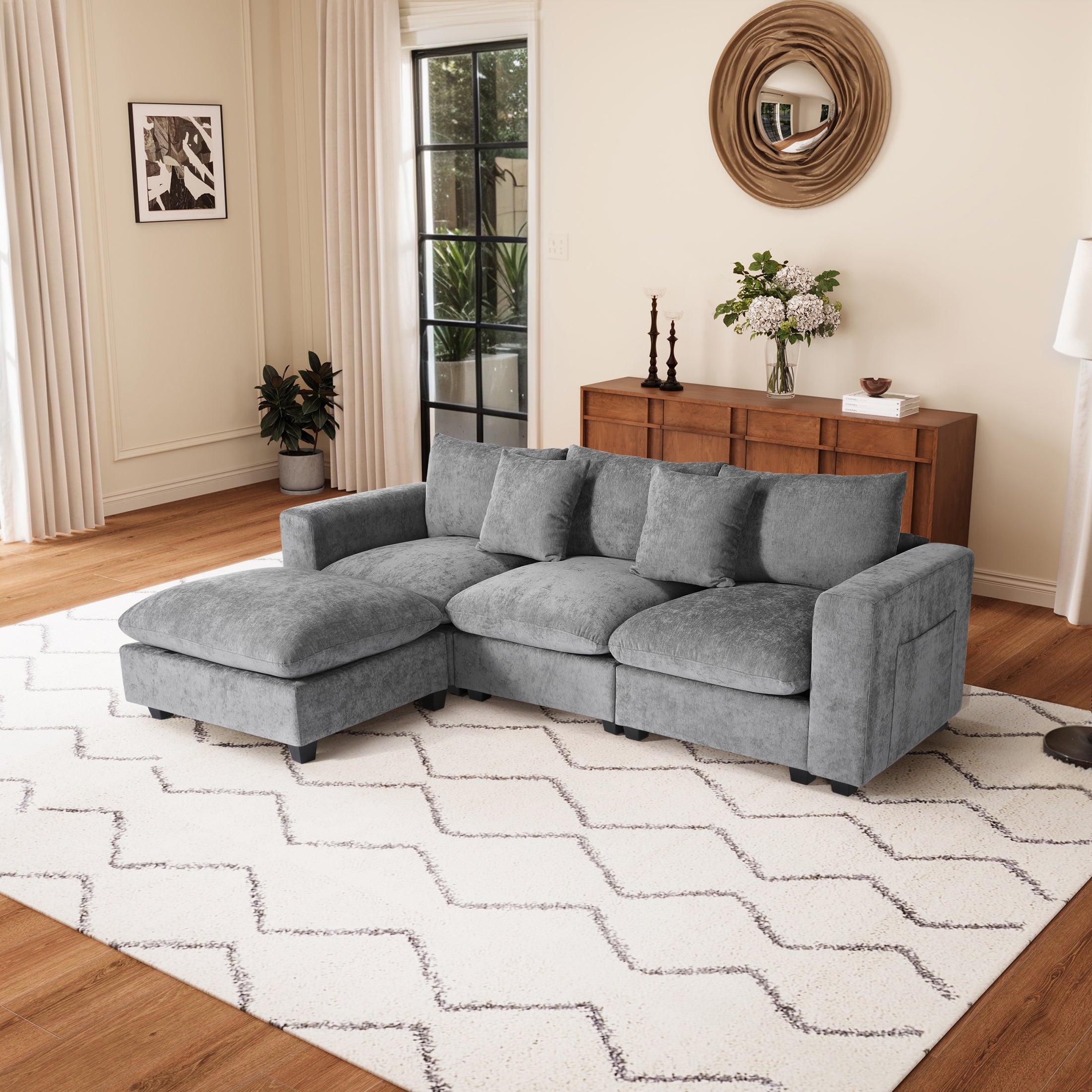 Springfield 99" Modular Chenille L-Shaped Sectional Sofa and Chaise With USB/Type-C Ports and Side Pockets