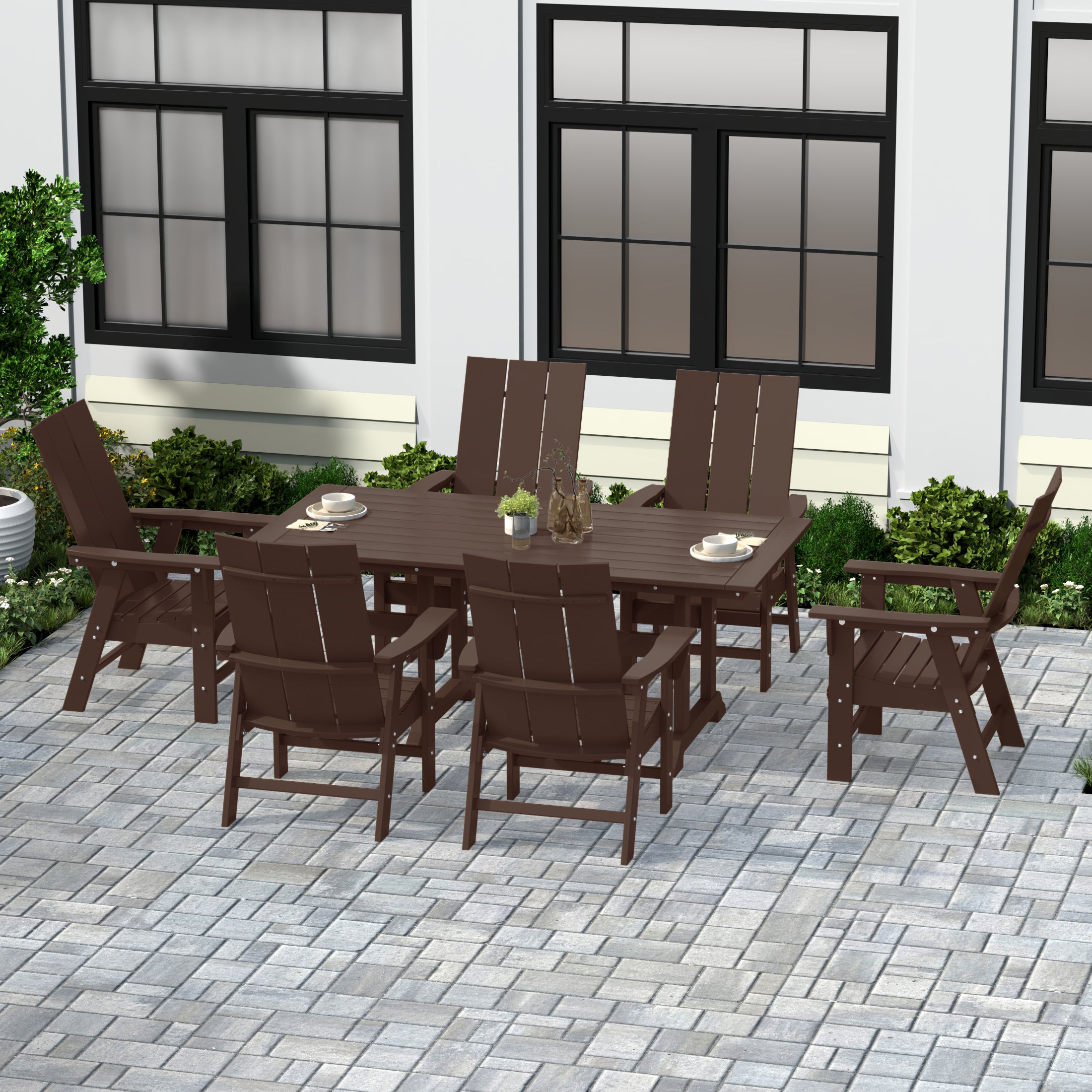 Palms 7 Piece Outdoor Patio Dining Table and Modern Adirondack Armchair Set