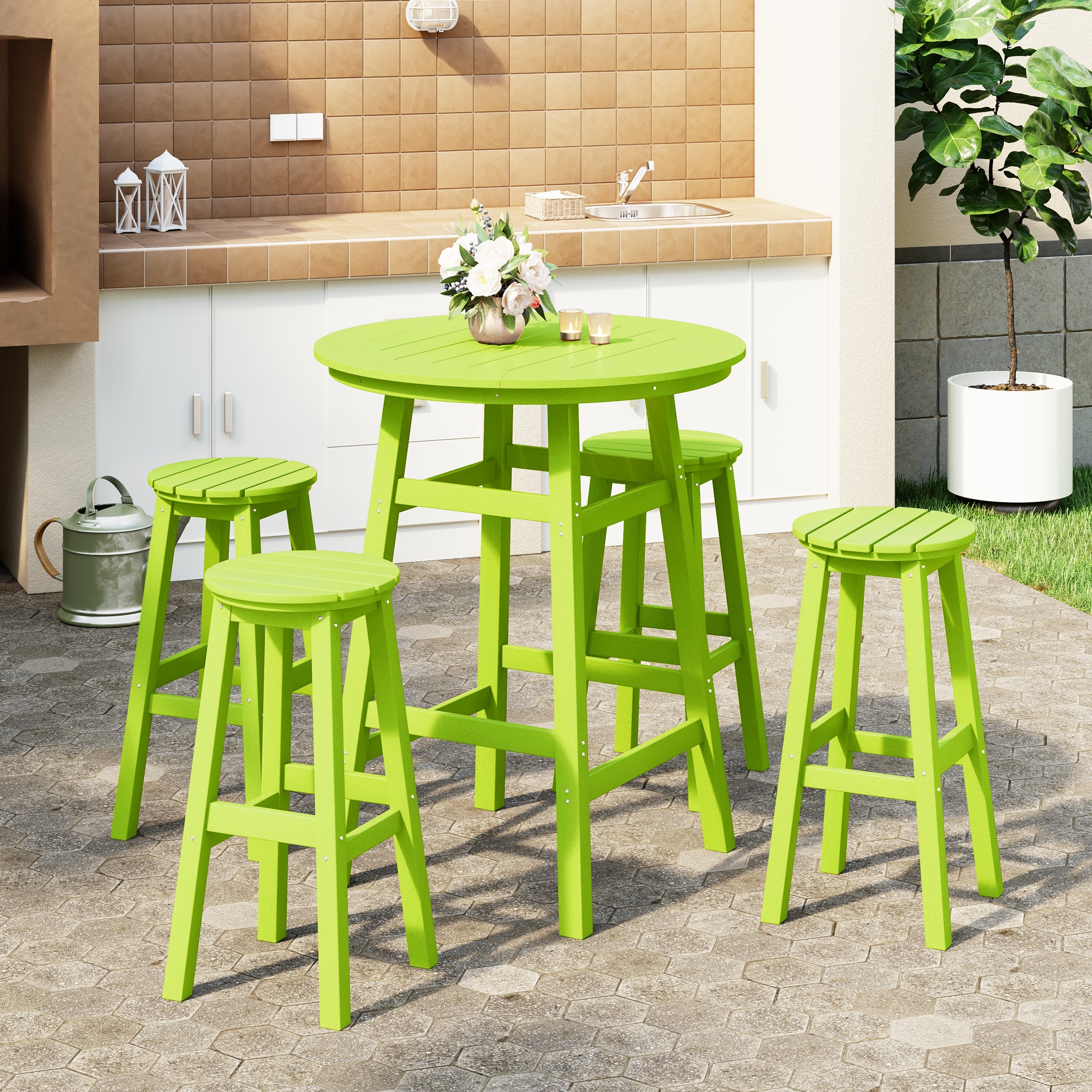 Paradise 5-Piece HDPE Outdoor Patio Dining Bar Bistro Table Set with Bar Stools