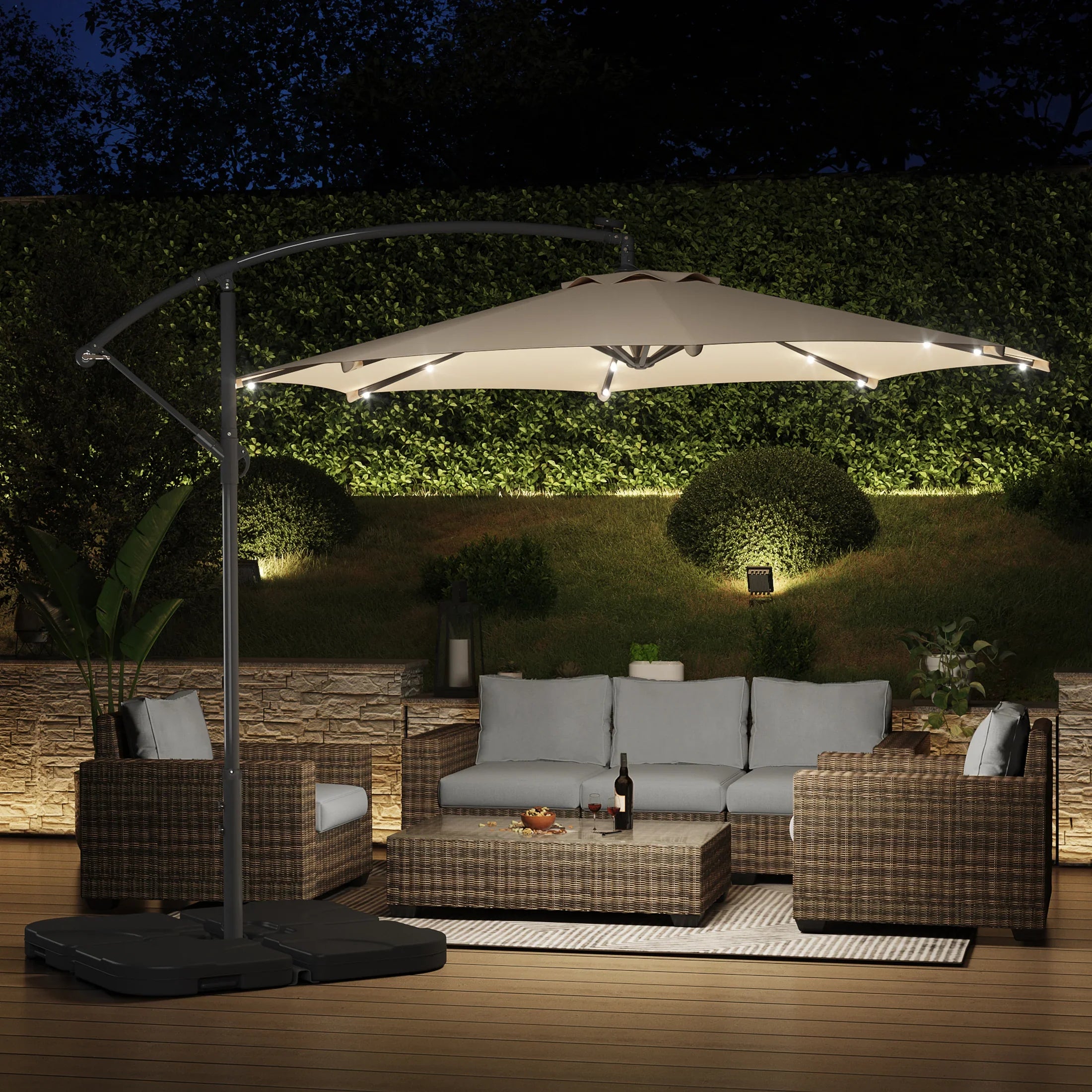 Westlake 10 ft. Outdoor / Paito Cantilever Hanging Umbrella with Solar Power LED lights and 50 lbs concrete weight base kit Westlake 10 ft. Outdoor / Paito Cantilever Hanging Umbrella with Solar Power LED lights and 50 lbs concrete weight base kit