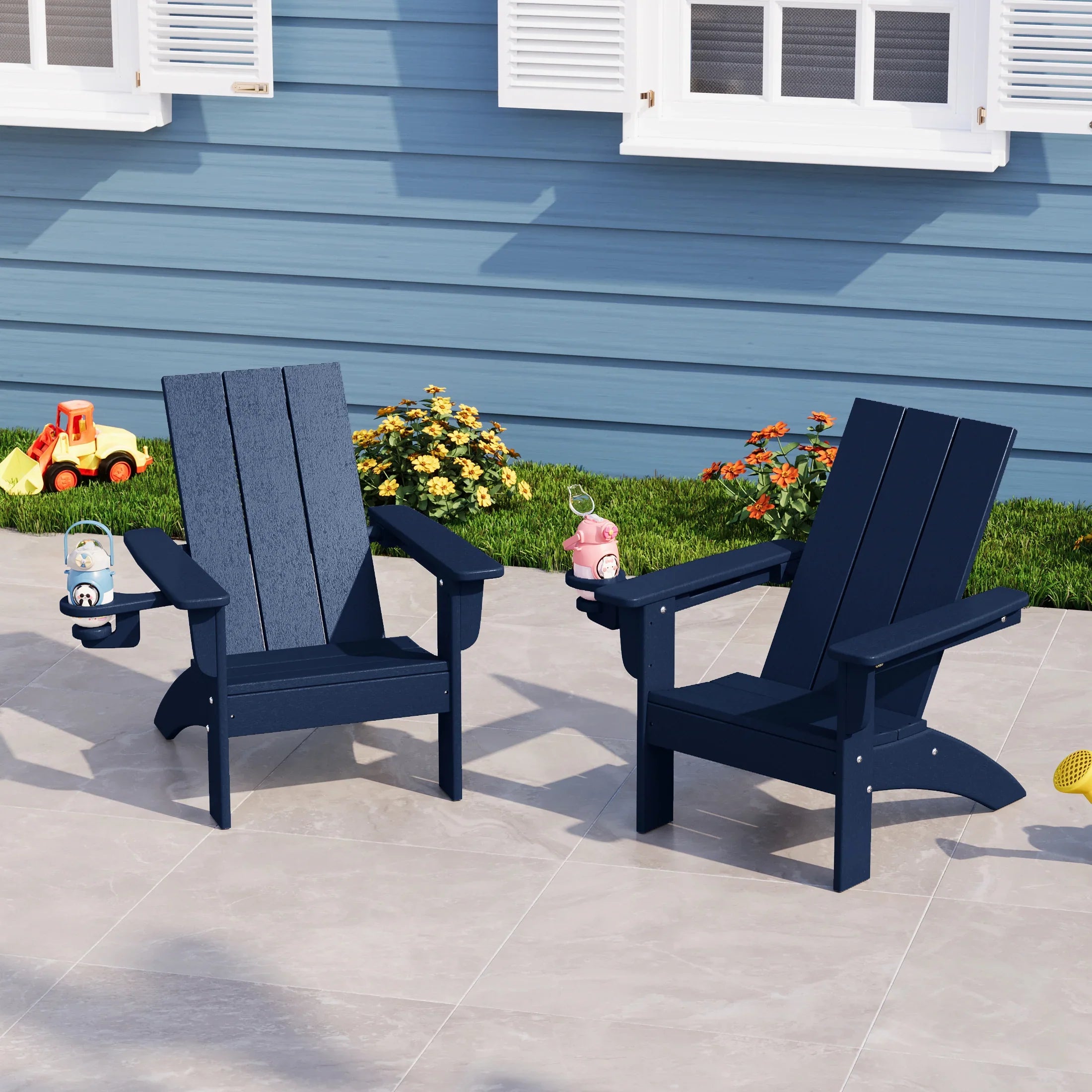 Palms Kids Outdoor HDPE Plastic Modern Adirondack Patio Chairs with Cup Holders (Set of 2)