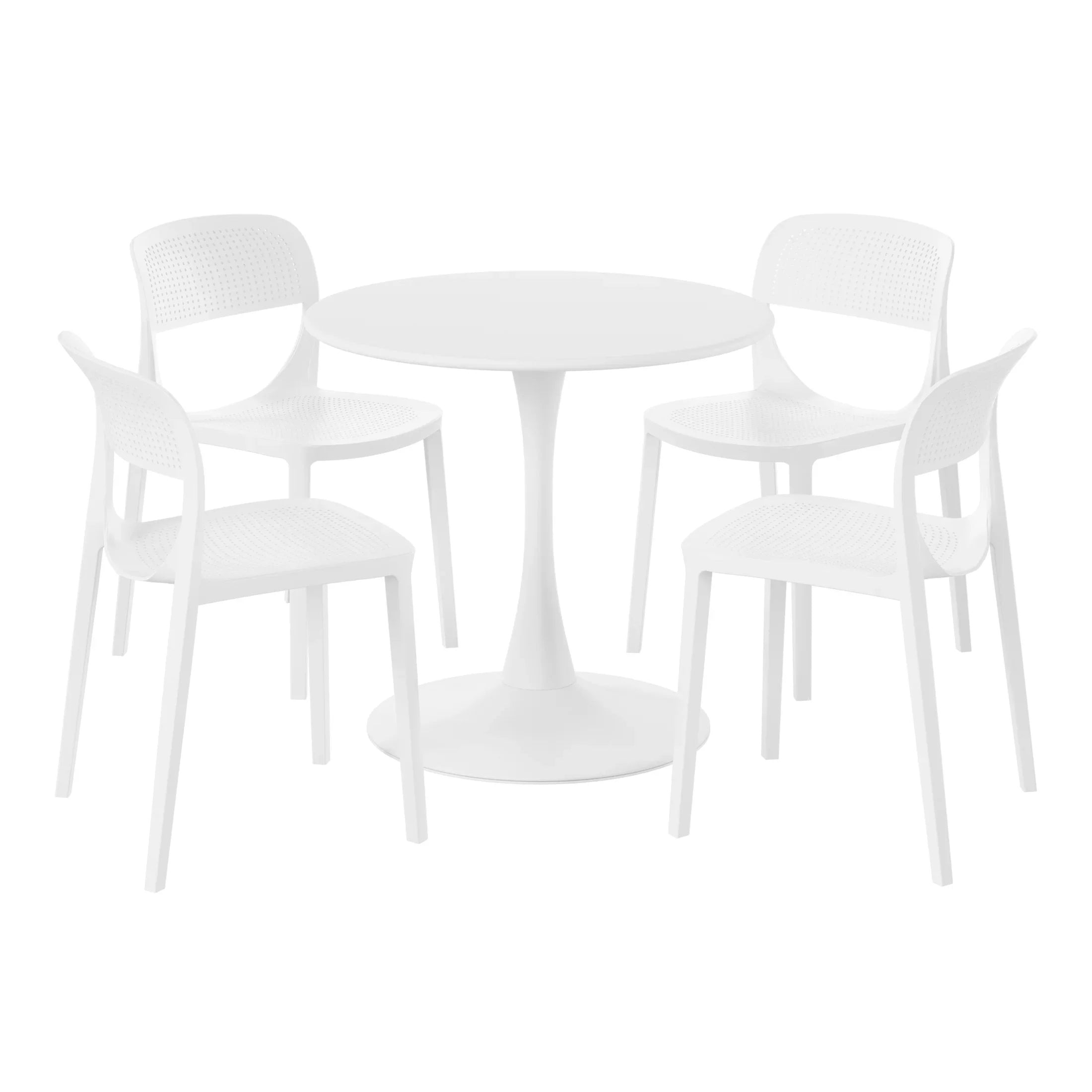 Sunshine 5-Piece Round Metal Bistro Dining Table Set And Stackable Resin Patio Dining Side Chairs
