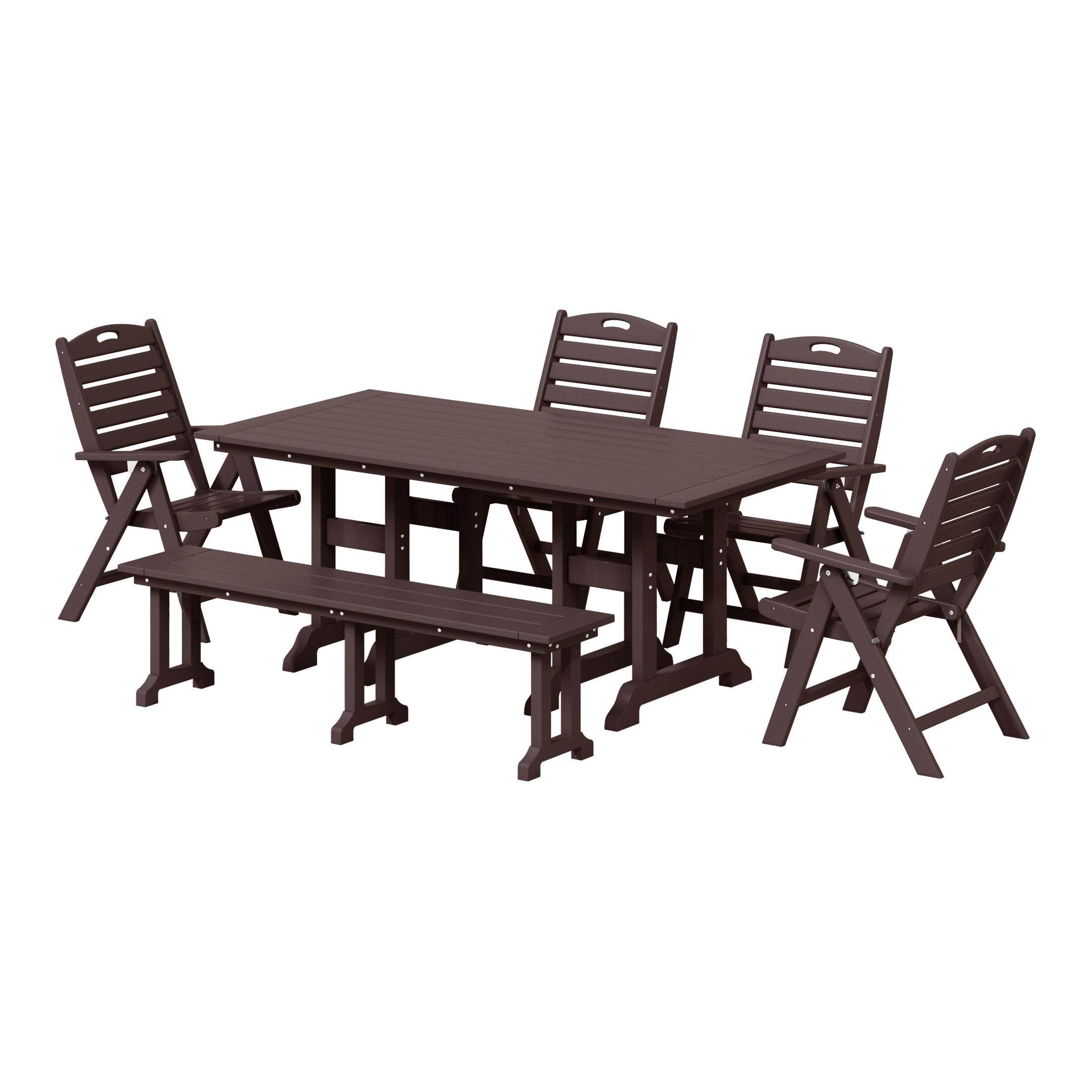 Paradise 6-Piece HDPE Rectangular Patio Dining Table Set with Foldable Chairs and Patio Bench