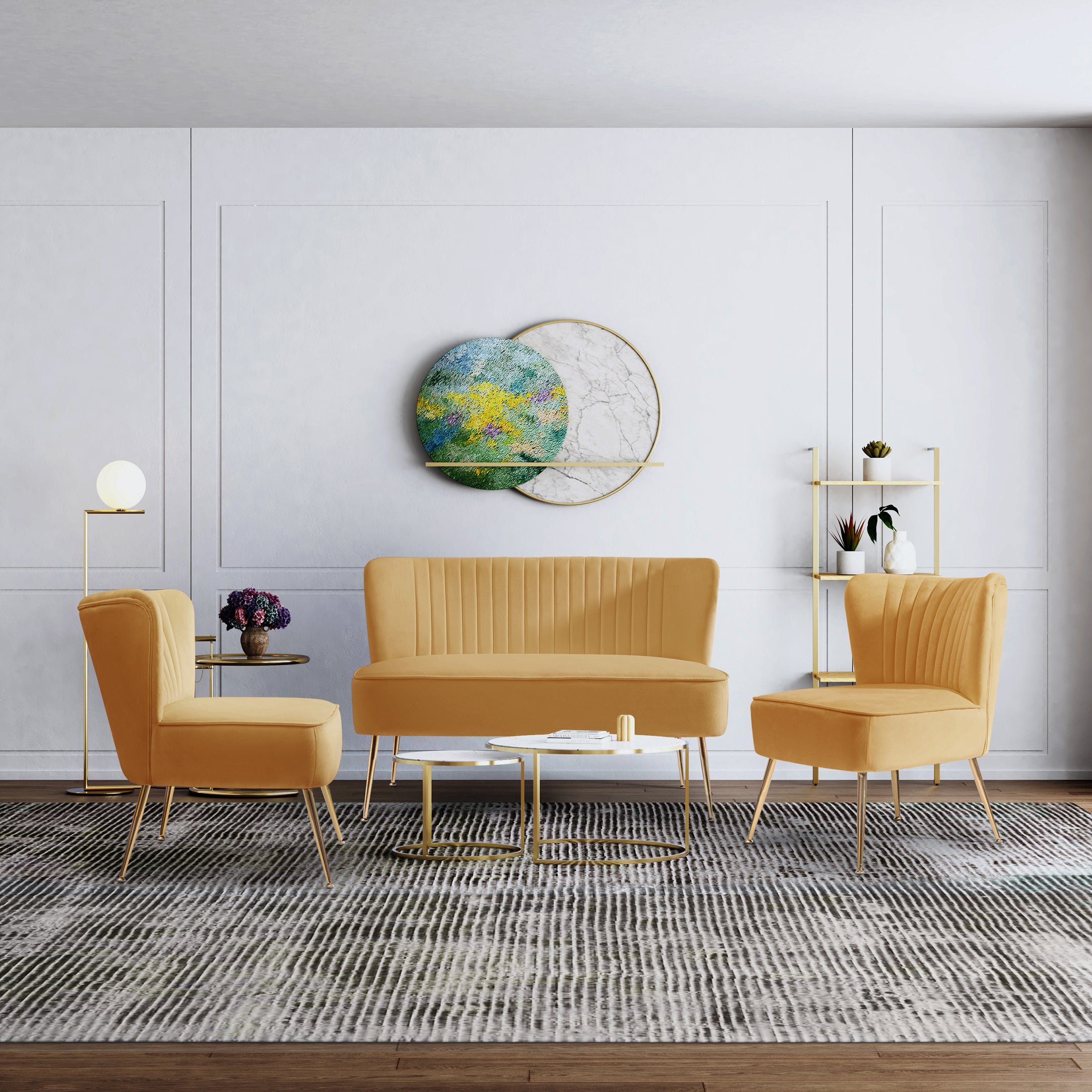 Alaia Mid Century Modern Tufted Velvet Loveseat Sofa and 22" Accent Chair 3-Piece Set