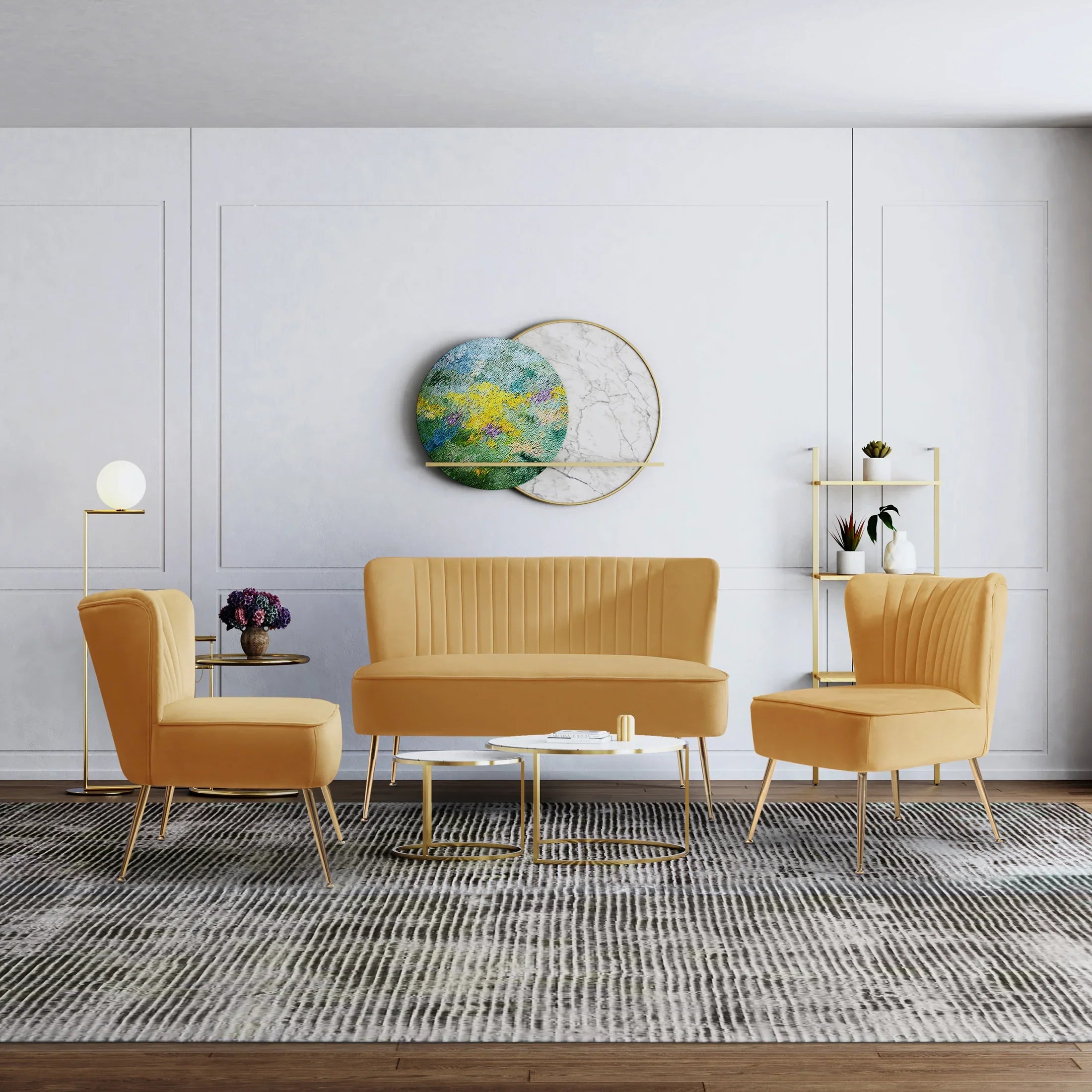 Alaia Mid Century Modern Tufted Velvet Loveseat Sofa and 22" Accent Chair 3-Piece Set