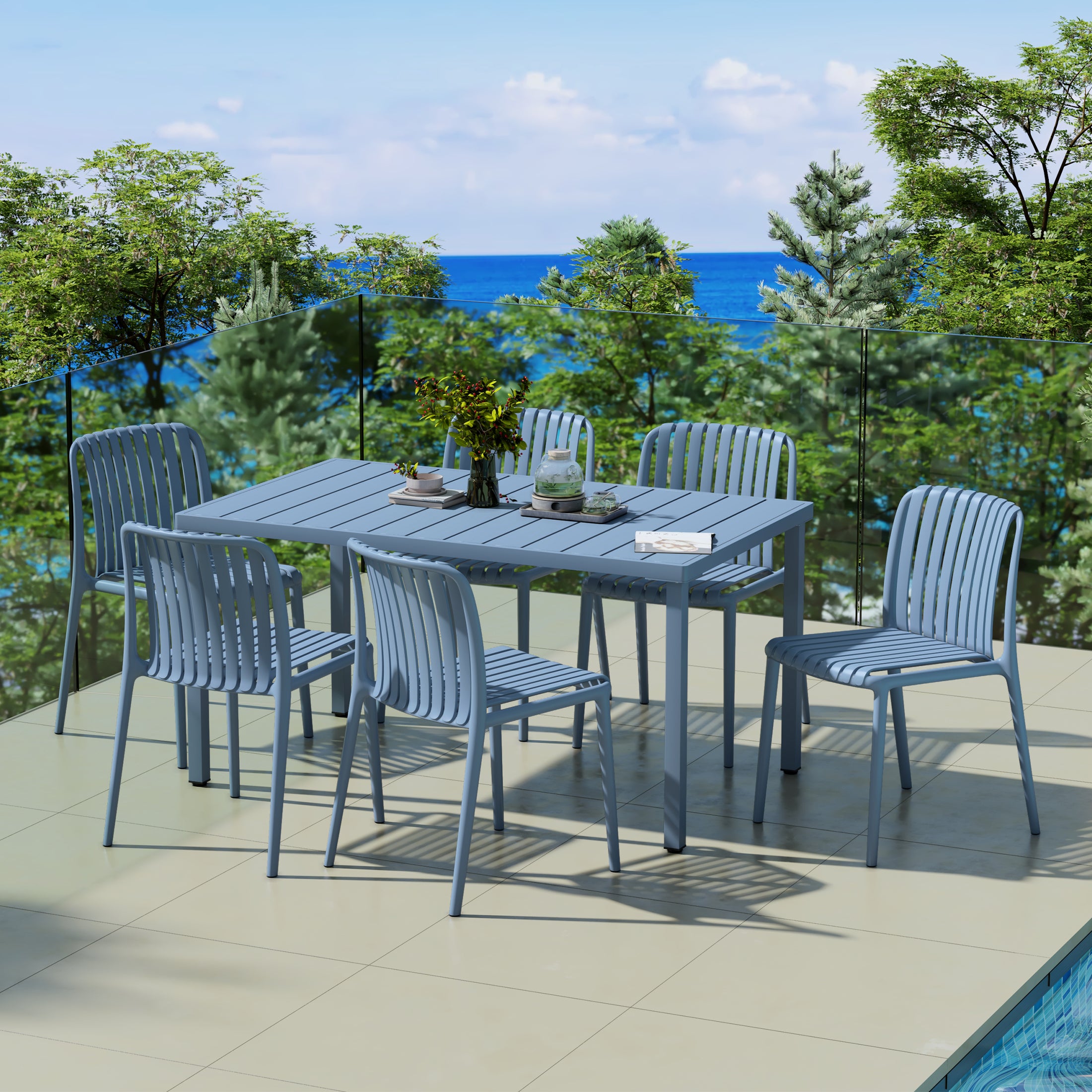 Sunshine 7-Piece Outdoor Patio Dining Table Set With Stackable Patio Chairs